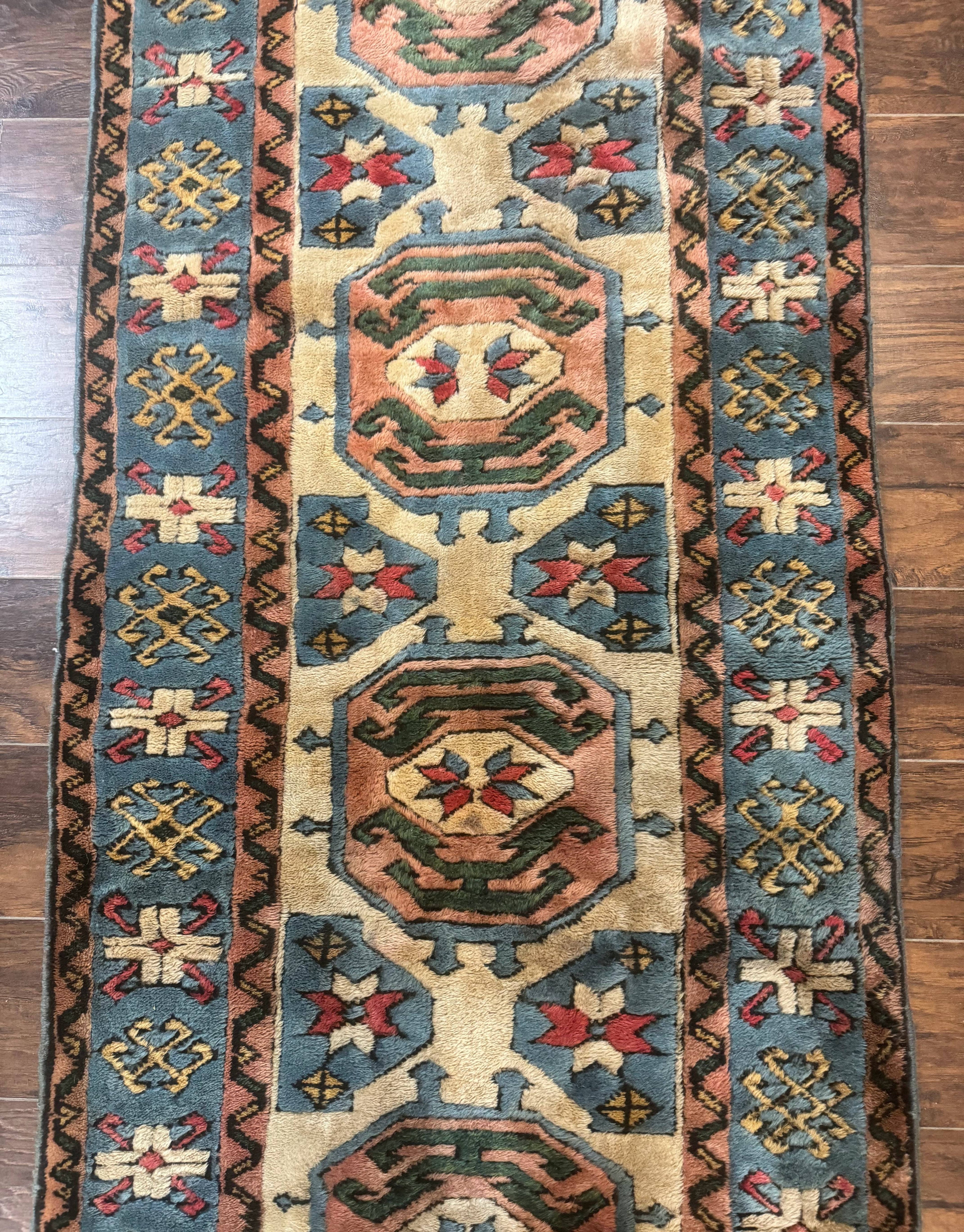 Turkish Kazak Runner Rug 3x11, Cream and Light Blue, Vintage