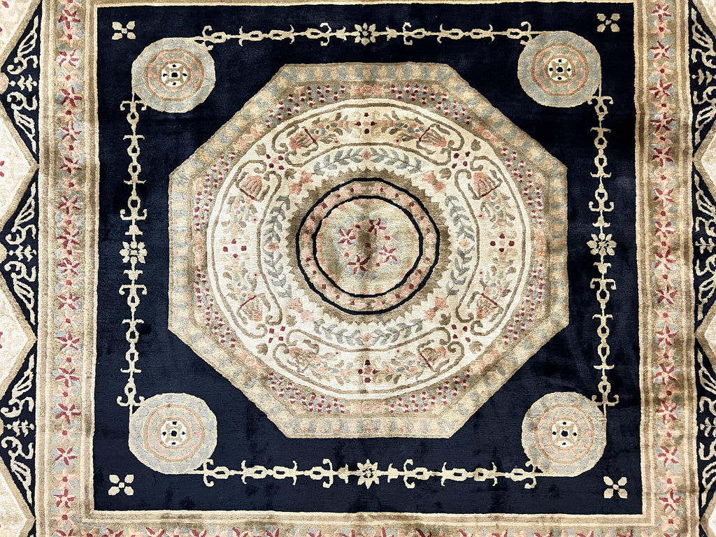 Tibetan Rug 8x10, Nepali Area Rug, Soft New Zealand Wool Carpet 8 x 10 ft, Black Tan Beige, Vintage Handmade Rug, French Aubusson Pattern