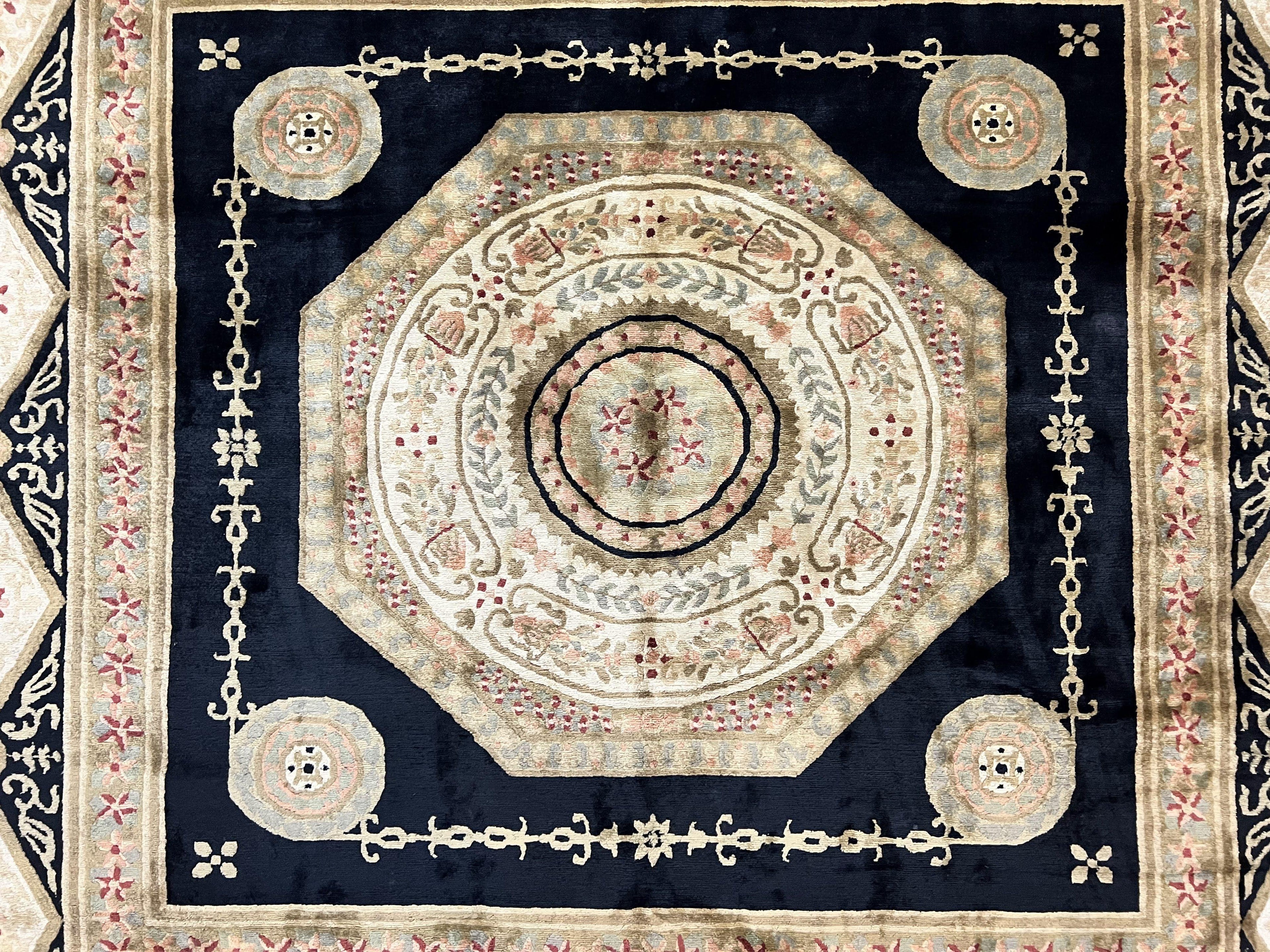 Tibetan Rug 8x10, Nepali Area Rug, Soft New Zealand Wool Carpet 8 x 10 ft, Black Tan Beige, Vintage Handmade Rug, French Aubusson Pattern