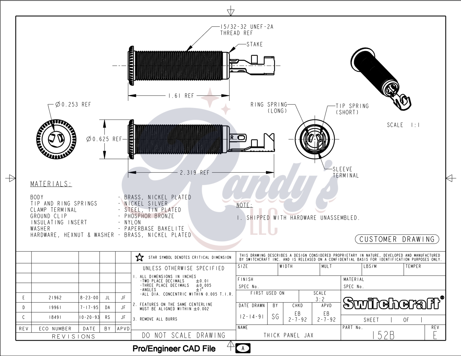 Switchcraft ¼" Input Jack - Thick Panel (Stereo) - Fits Gibson®