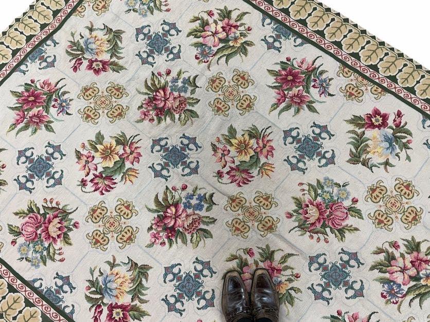 Hand-Knotted Needlepoint Carpet 6x9, Ivory/Cream Background, Colorful Flowers, Yellow Border, Aubusson Rug 6 x 9, New, Handmade