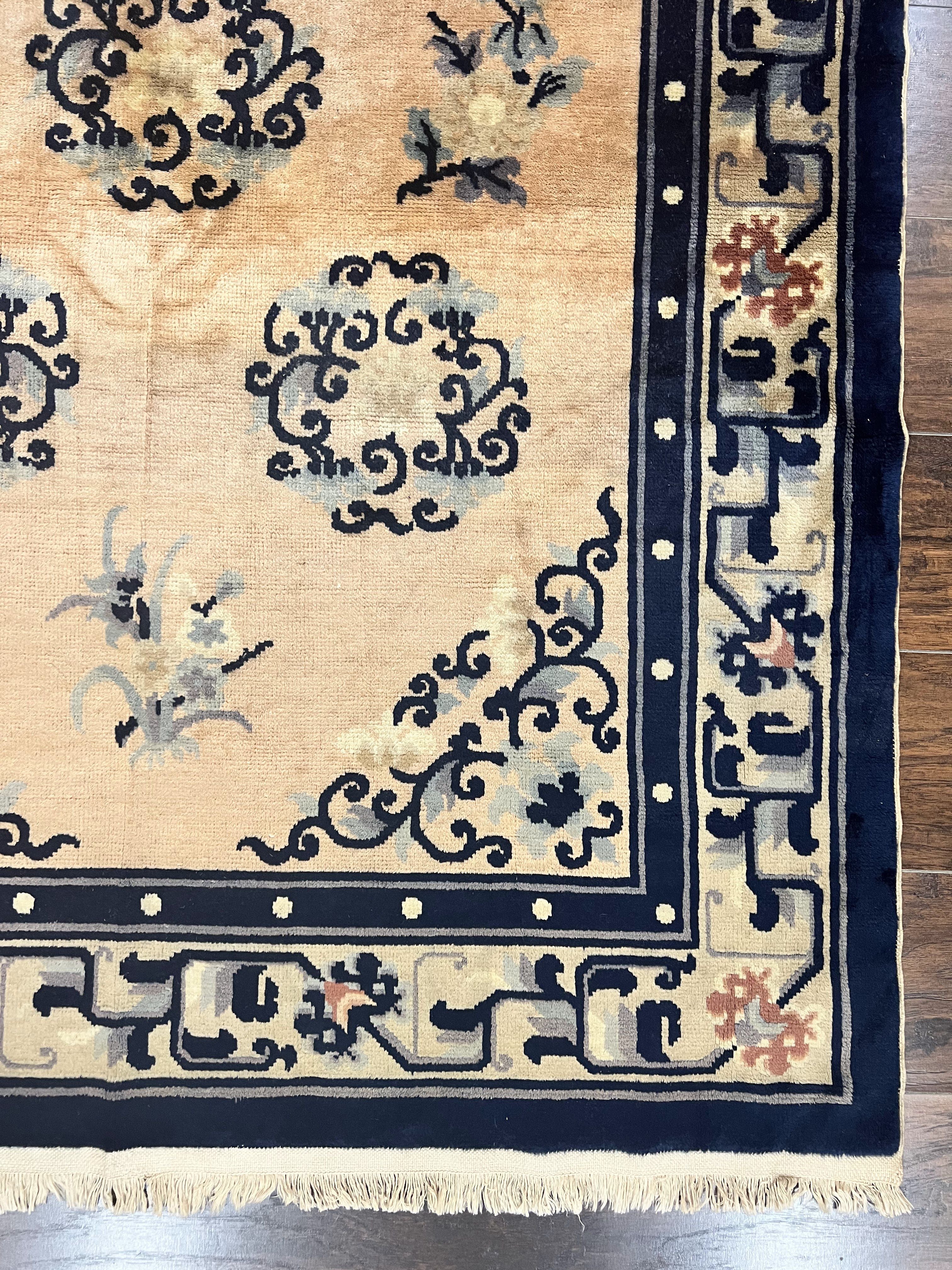 Chinese Peking Rug 4x6, Wool Hand Knotted Handmade Vintage Semi Antique Carpet, Semi Open Field, Light Peach & Navy Blue, Art Deco Rug