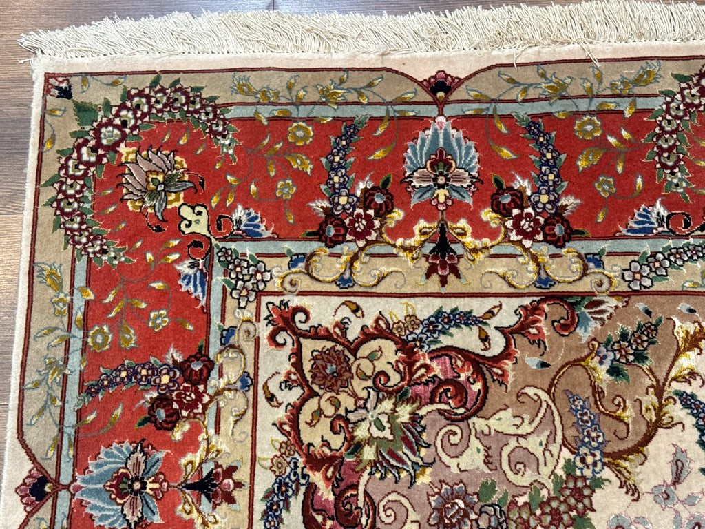 Wonderful Persian Tabriz Rug 5x7, Very Fine 440 KPSI, Ivory and Coral, Rare