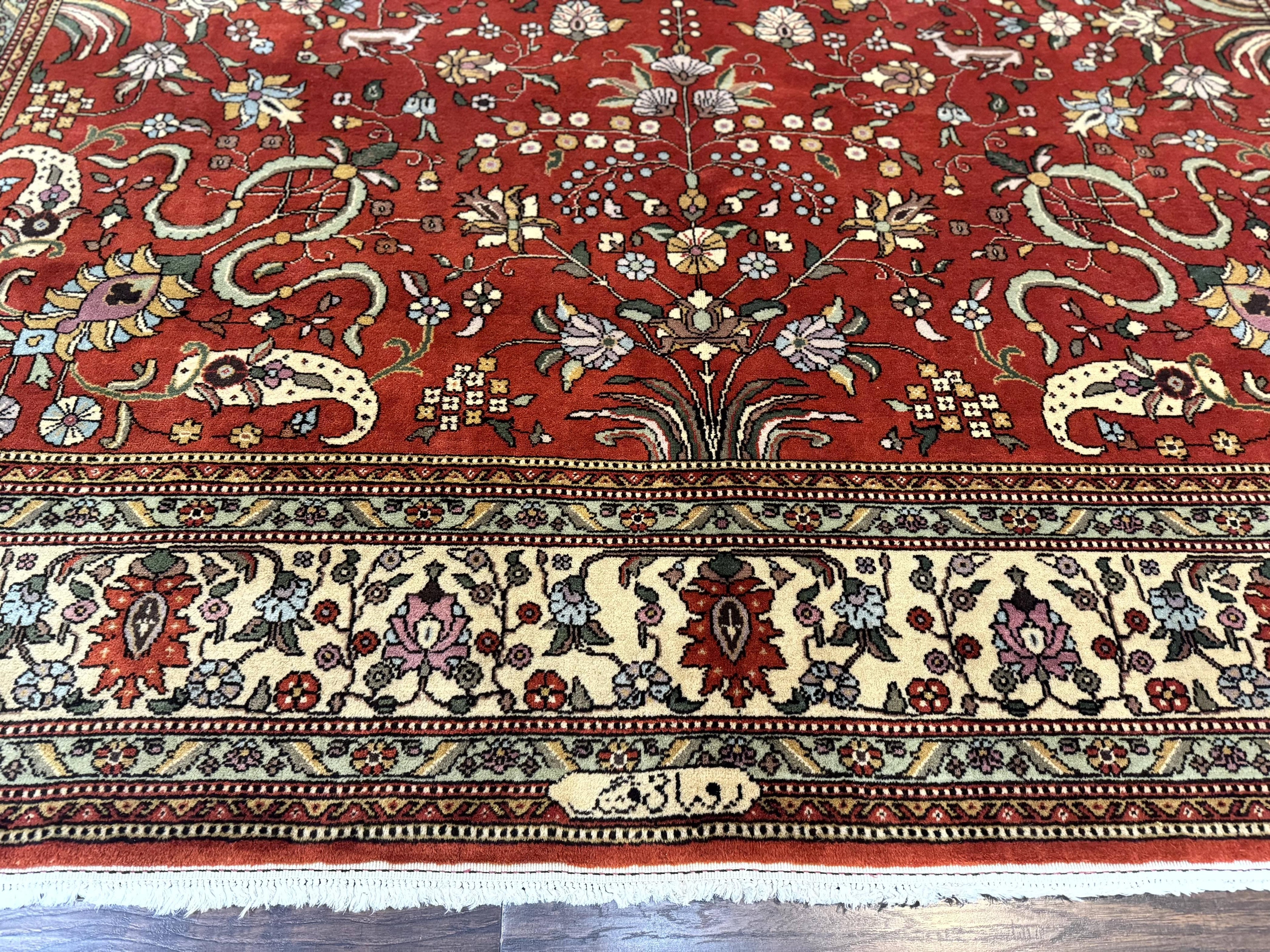 Romanian Rug 10x13, Vintage Handmade Wool Carpet, Floral Pattern, Birds, Red and Cream, Signed By Masterweaver, Persian Rug