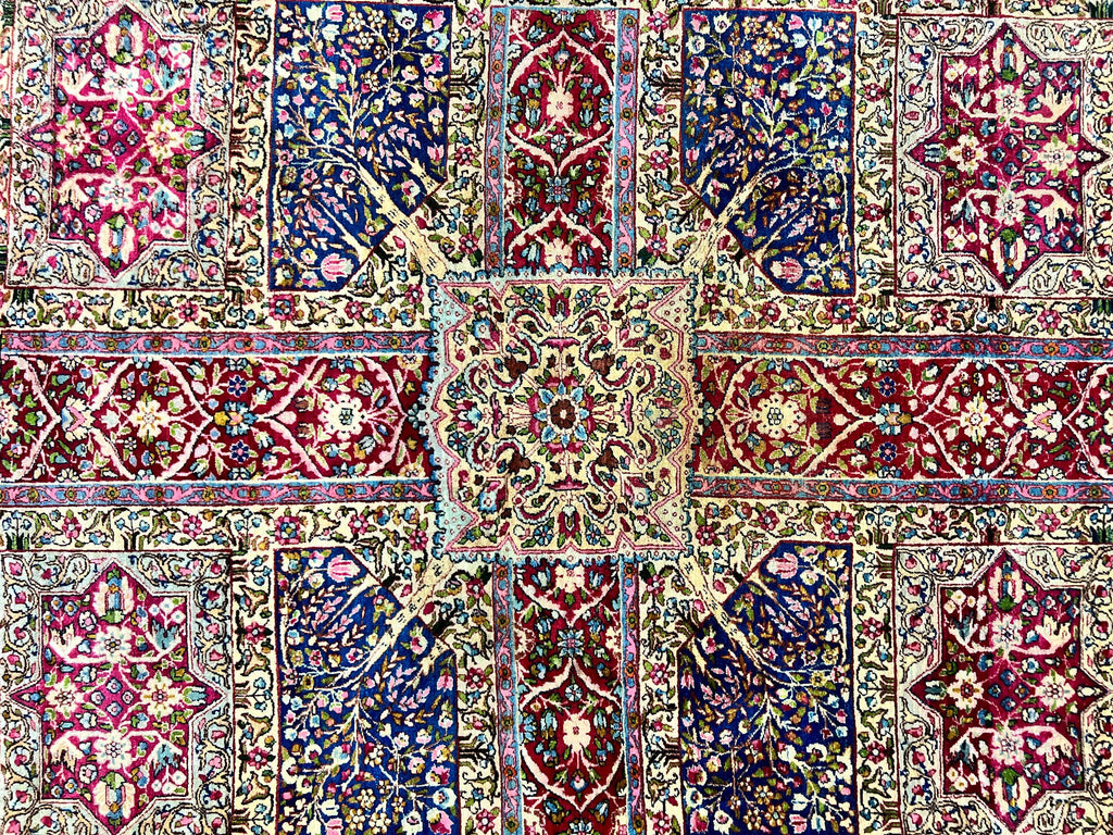 Persian Kirman Lavar Rug 8x9, Antique Persian Carpet, Colorful Multicolor 1920s Handmade Wool Rug, Garden Panel Design, Fine 200 KPSI