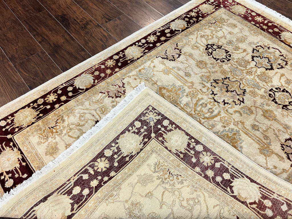 Peshawar Rug 5x7, Beige and Maroon, Vintage Handmade Wool Traditional Carpet 5 x 7 ft, Pakistani Rug, Agra Pattern, Very Fine 260 KPSI