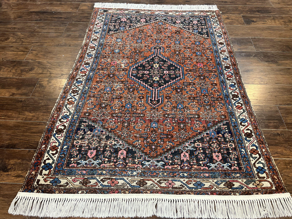 Red Persian Hamadan Rug 4x6, Wool Handmade Antique Carpet, Geometric Medallion Rug, Oriental Rug 4 x 6, Persian Tribal Rug, Hand Knotted Rug