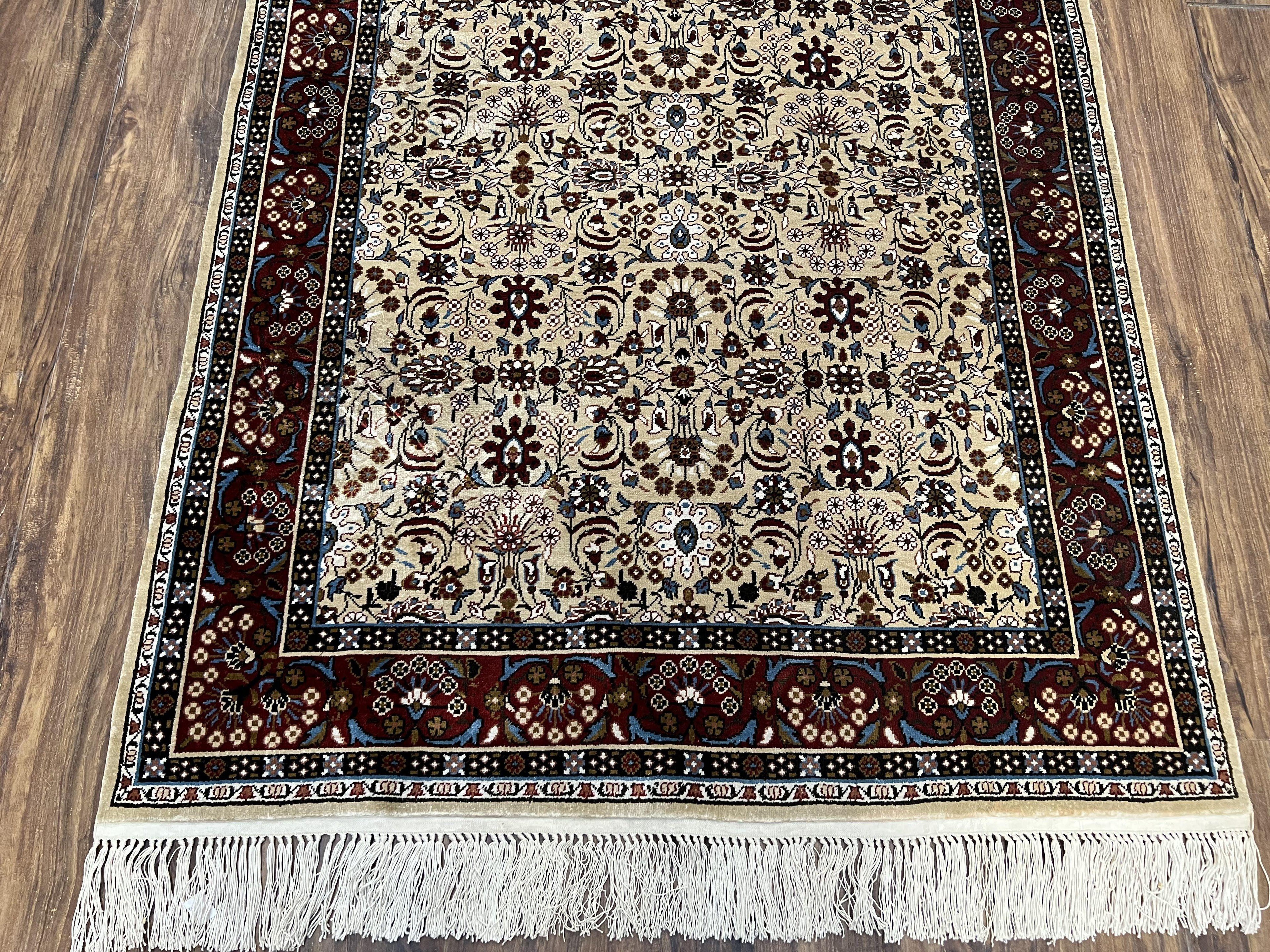 Fine Sino-Persian Silk Rug 3x5, High Quality Silk Carpet, Handmade Small Silk Rug, Allover Repeated Motif, Tan Maroon Blue Vintage Silk Rug