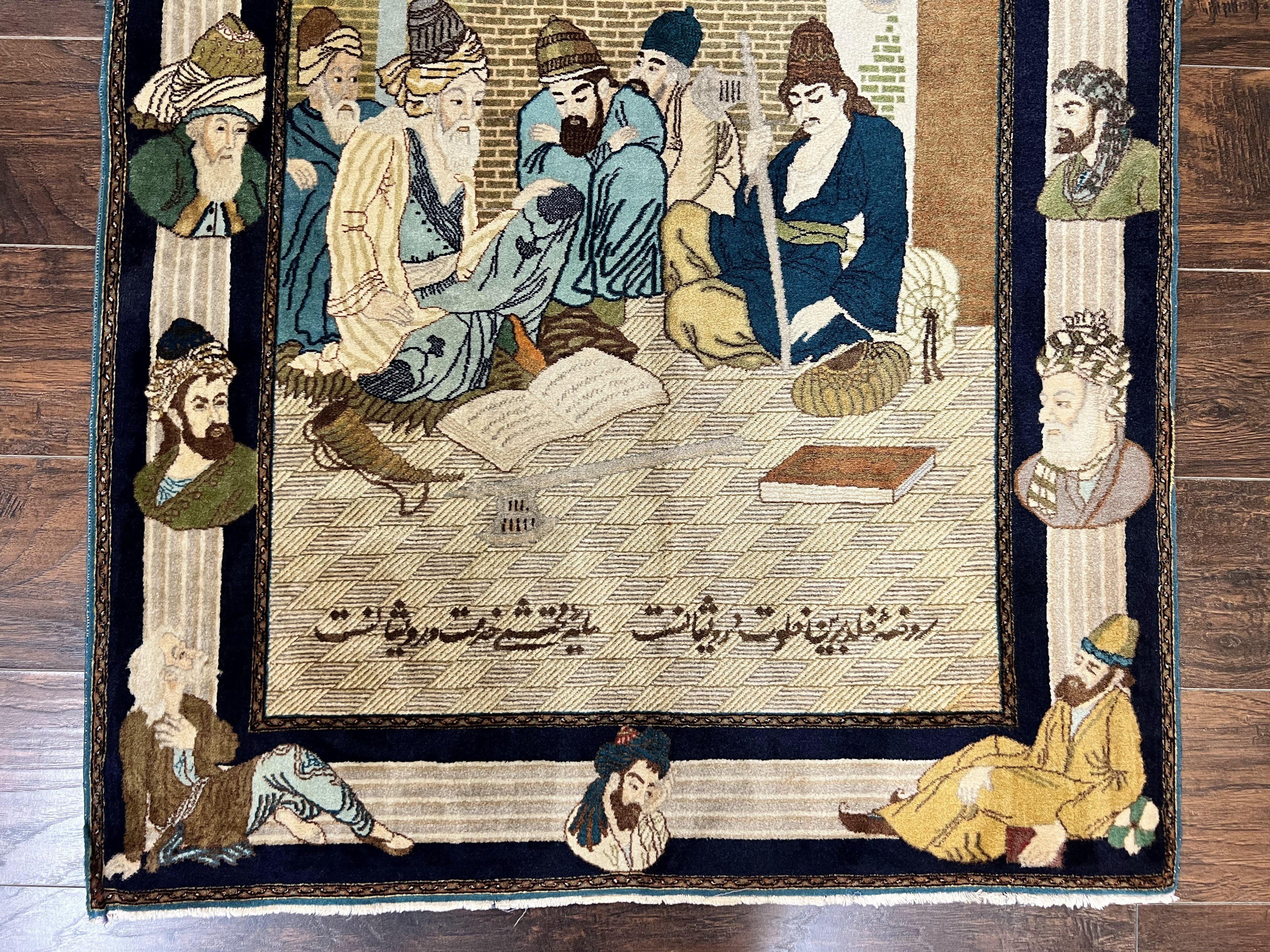 Persian Tabriz Pictorial Rug 3x5, Wall Hanging Carpet, Very Fine 60 Raj 475 KPSI, Hand Knotted Vintage Semi Antique, Wool, Persian Poetry