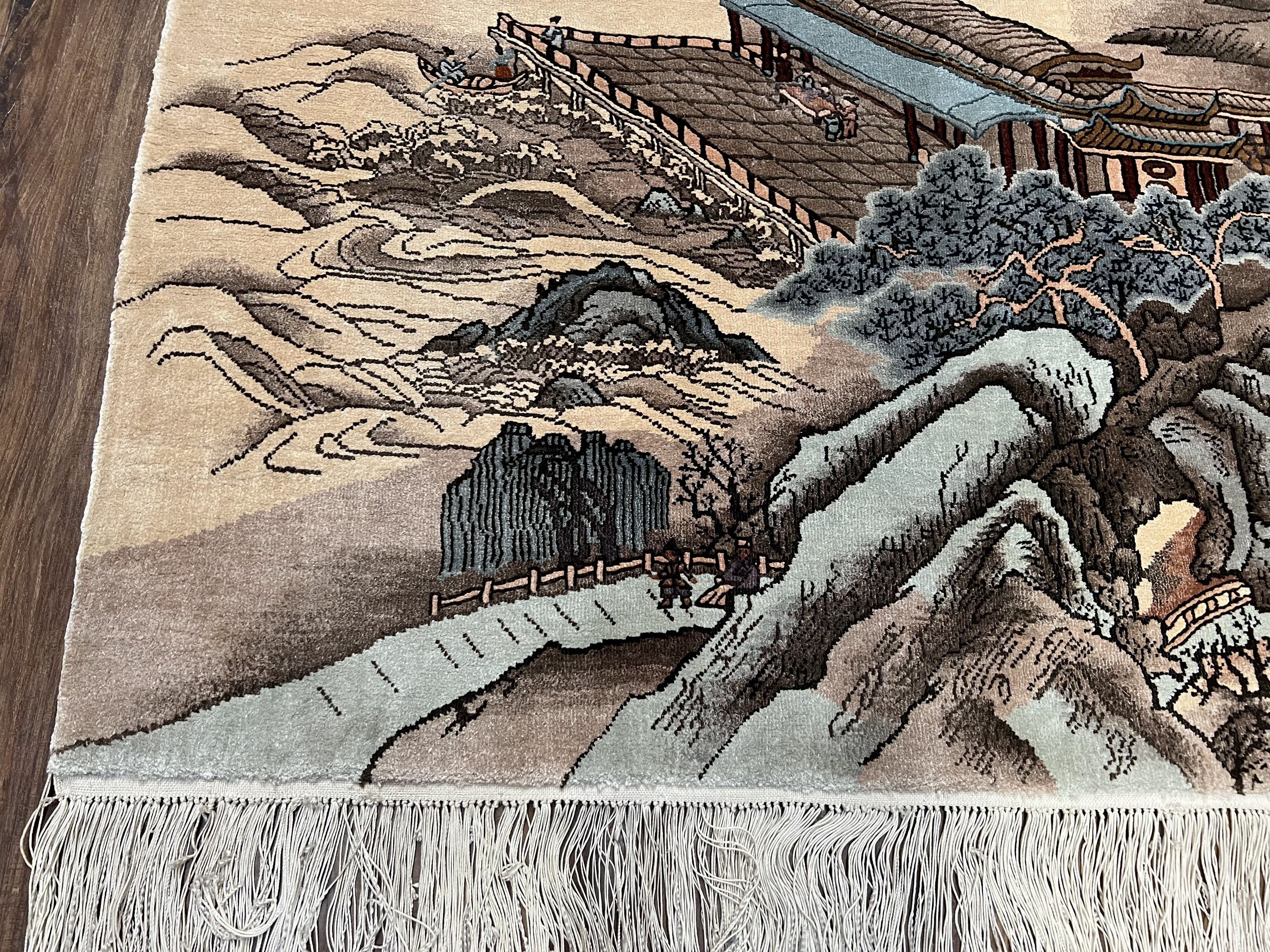 Silk Chinese Wall Hanging Rug 3x6 ft Tapestry, Pagoda Scene, Pictorial, High Quality Fine Hand Knotted Vintage, Asian Oriental Handmade Nice