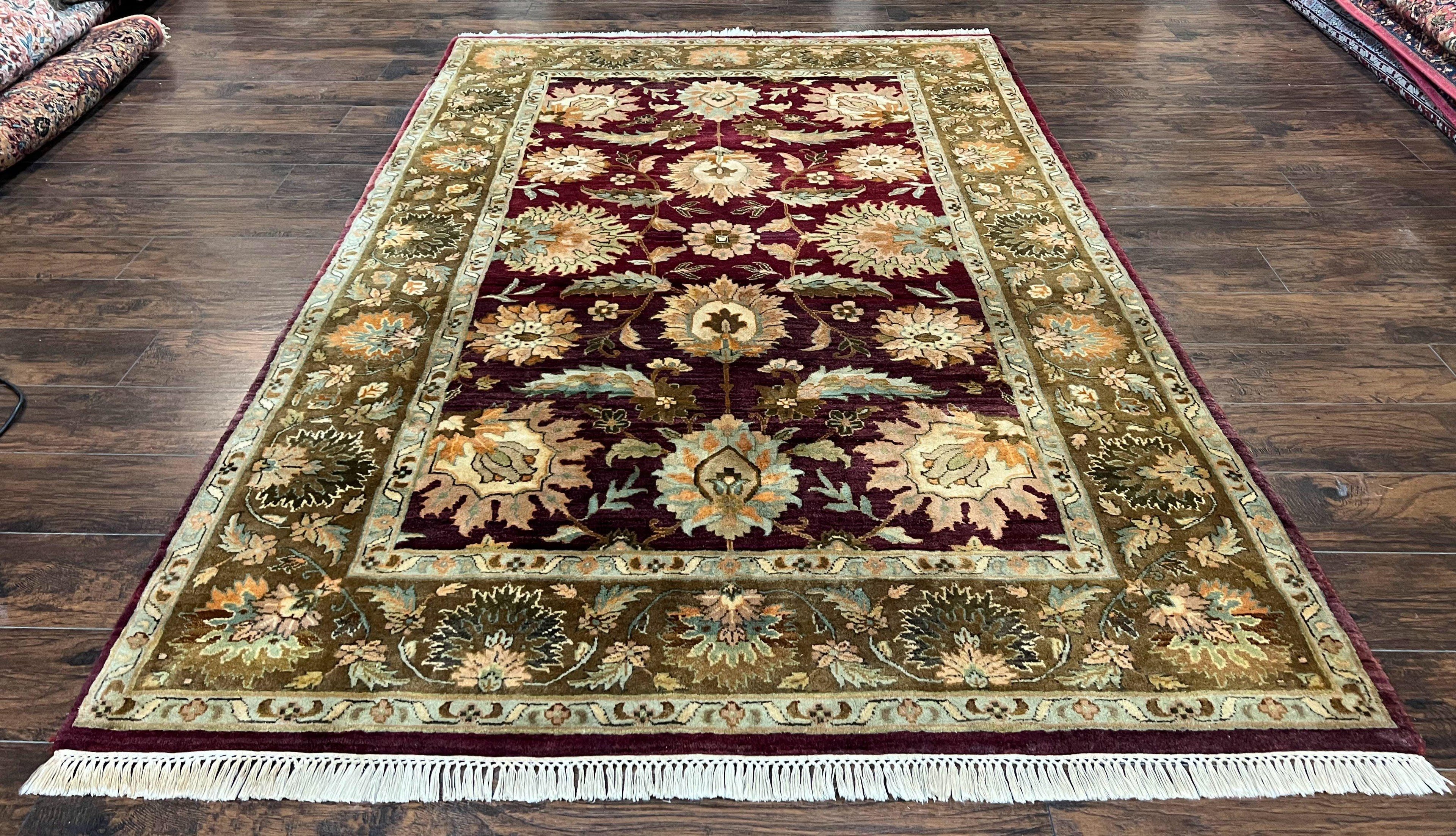 Indo Mahal Rug 6x9, Large Flowers Allover, Maroon and Green, Handmade Wool Area Rug, Vintage Rug, Indian Oriental Carpet, Hand Knotted Rug