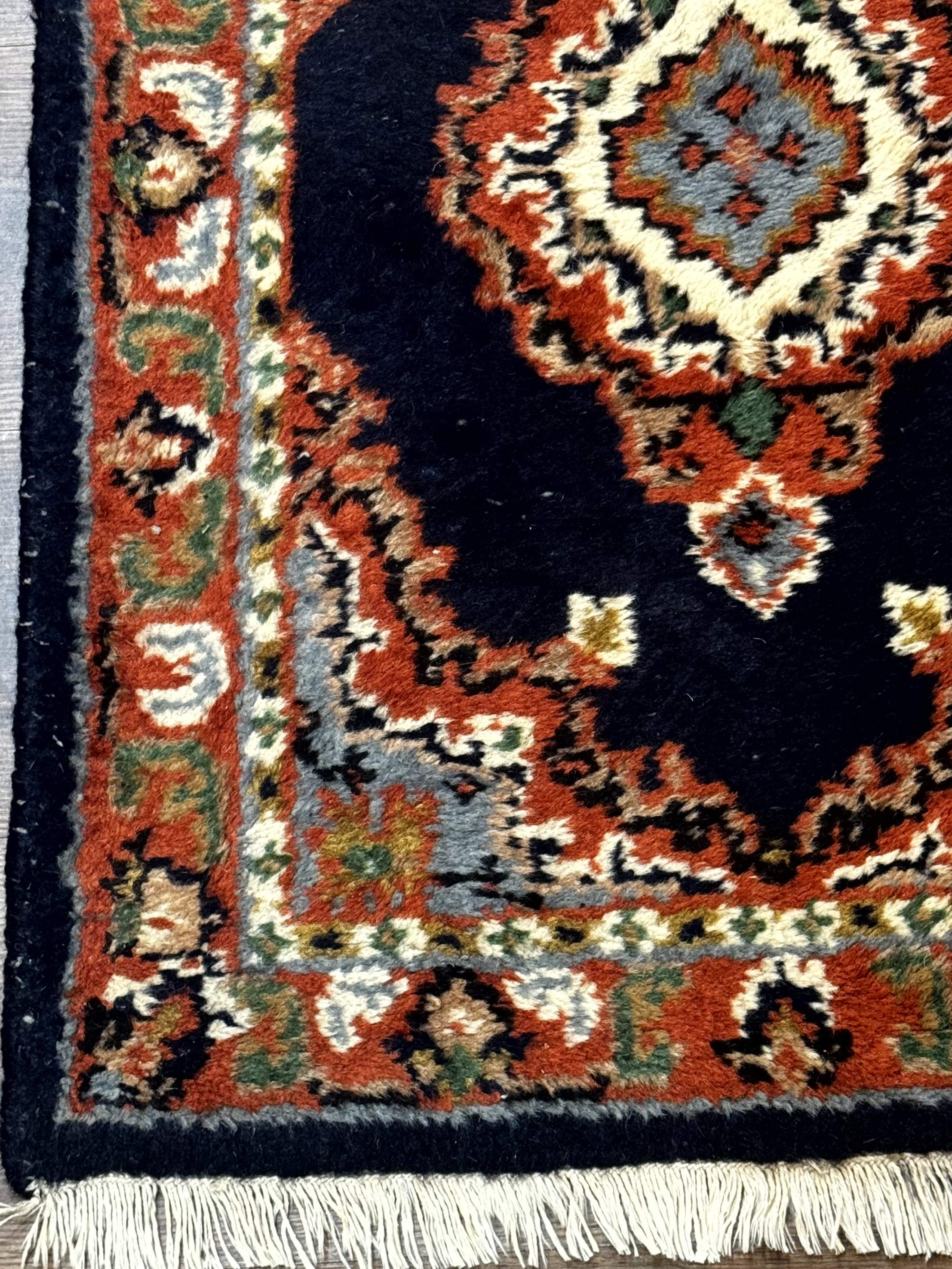 Small Indo Persian Rug 2x3, Navy Blue & Terracotta, Wool, Handmade