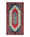 Persian Rug 5x12 ft, Red Cream Navy Blue, Pictorials, Hand Knotted Handmade Wide Runner Tribal Bidjar Semi Antique Wool Geometric Oriental Rug