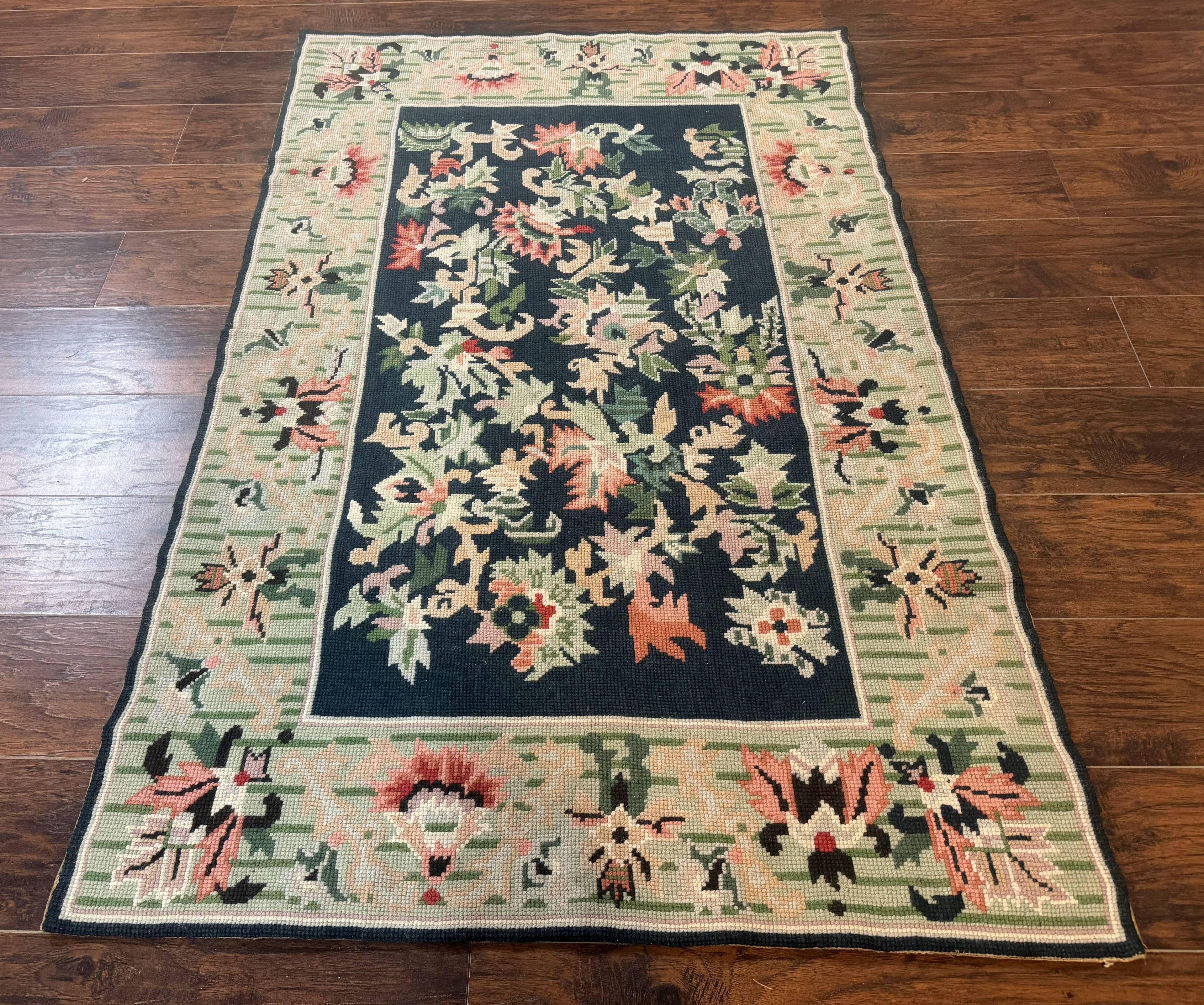 Vintage American Needlepoint Rug 4x6, Dark Green, Wool, Handmade, Flatweave Carpet