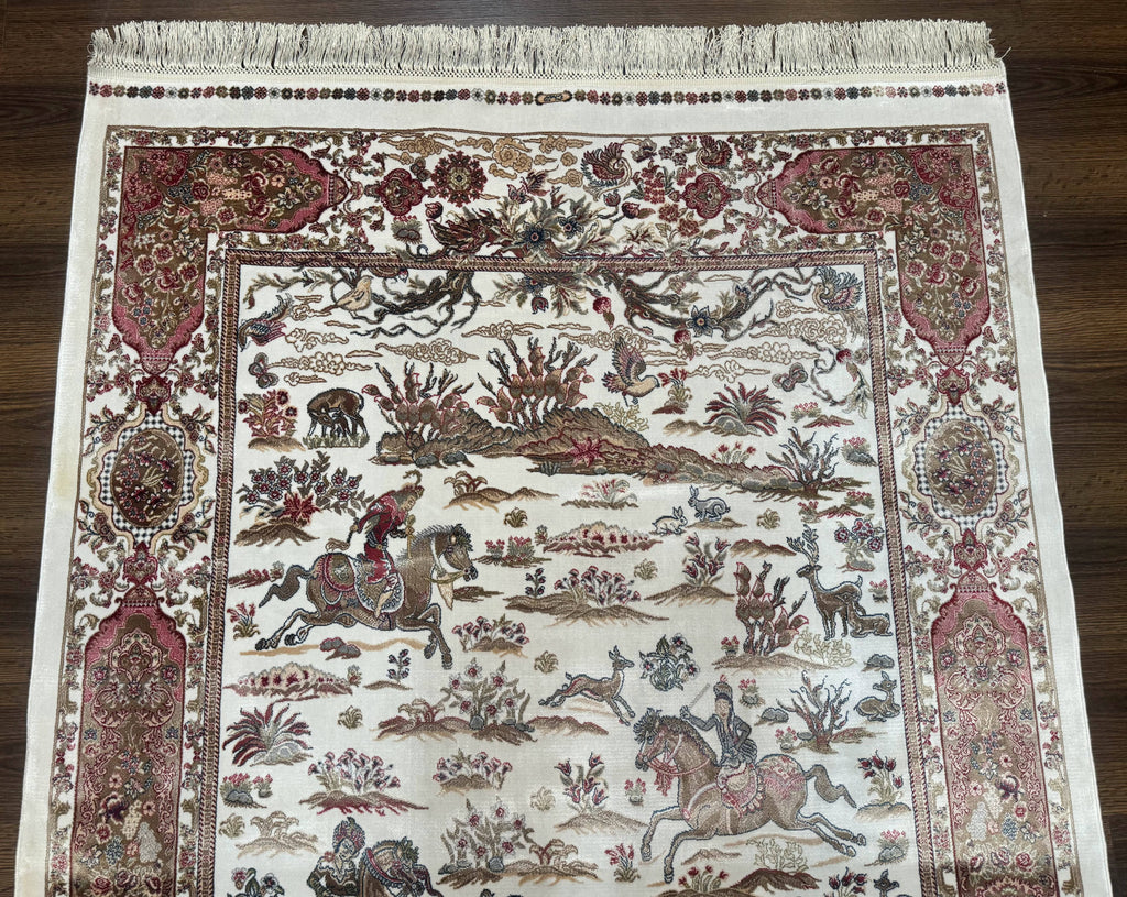 Turkish Silk Hunting Scene Rug 4x6, Ivory, Bamboo Silk, New