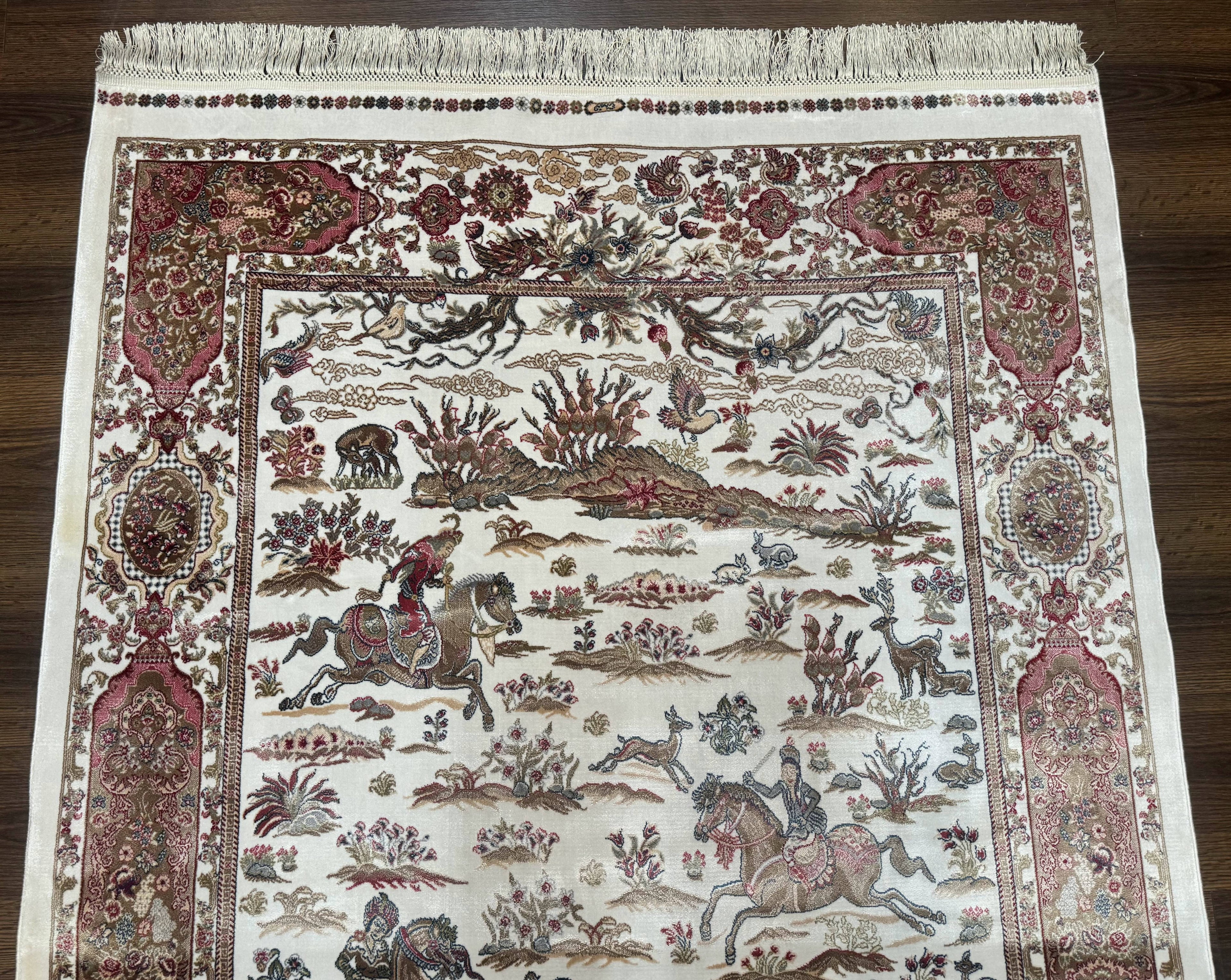 Turkish Silk Hunting Scene Rug 4x6, Ivory, Bamboo Silk, New