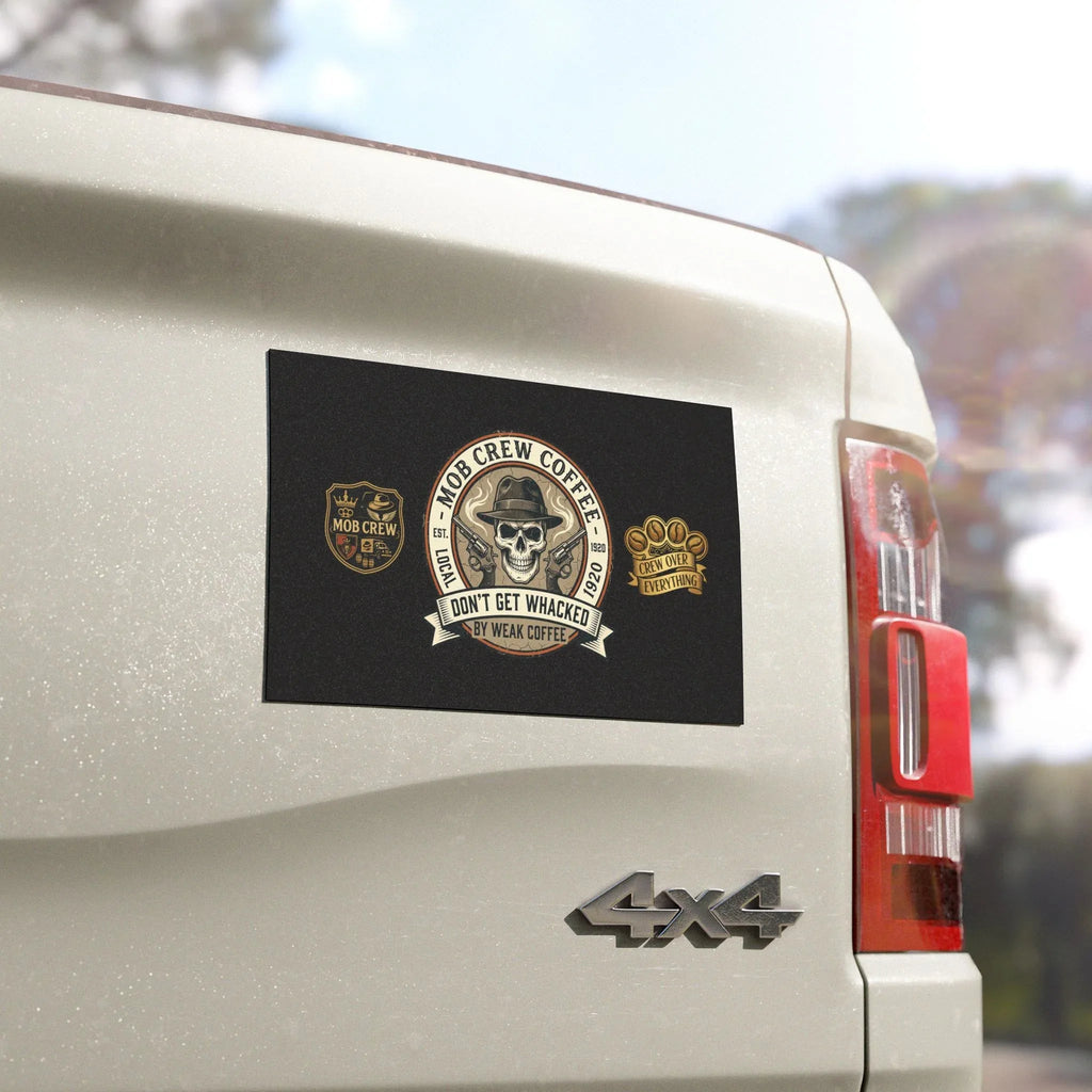 Car Magnet — “Mob Crew Coffee: Don’t Get Whacked by Weak Coffee” Retro Skull Design