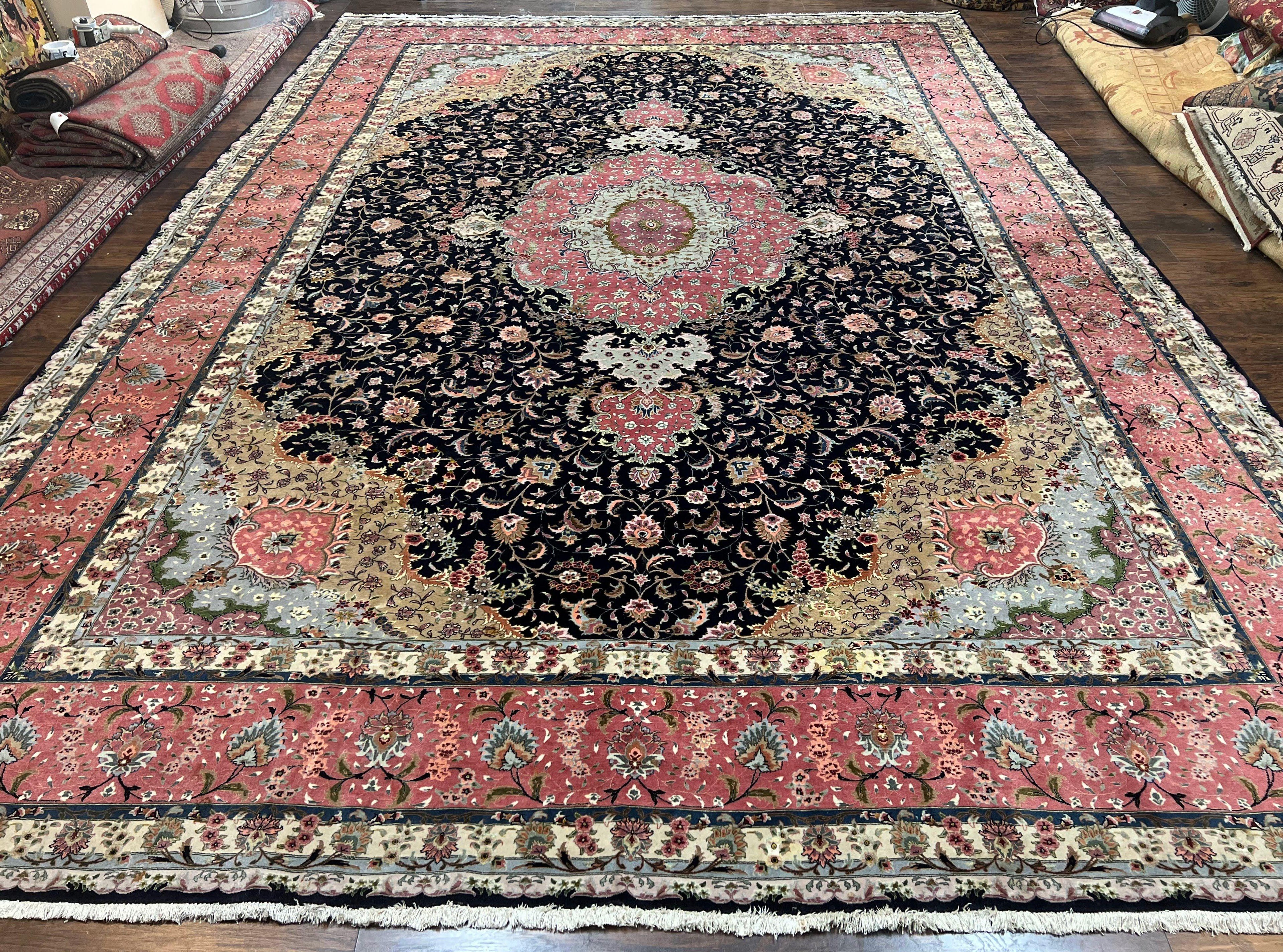Magnificent Persian Tabriz Rug 11x16, Oversized Persian Carpet 11 x 16 ft, Wool on Silk Finely Hand Knotted, 450 KPSI, Floral Medallion, Black Pink