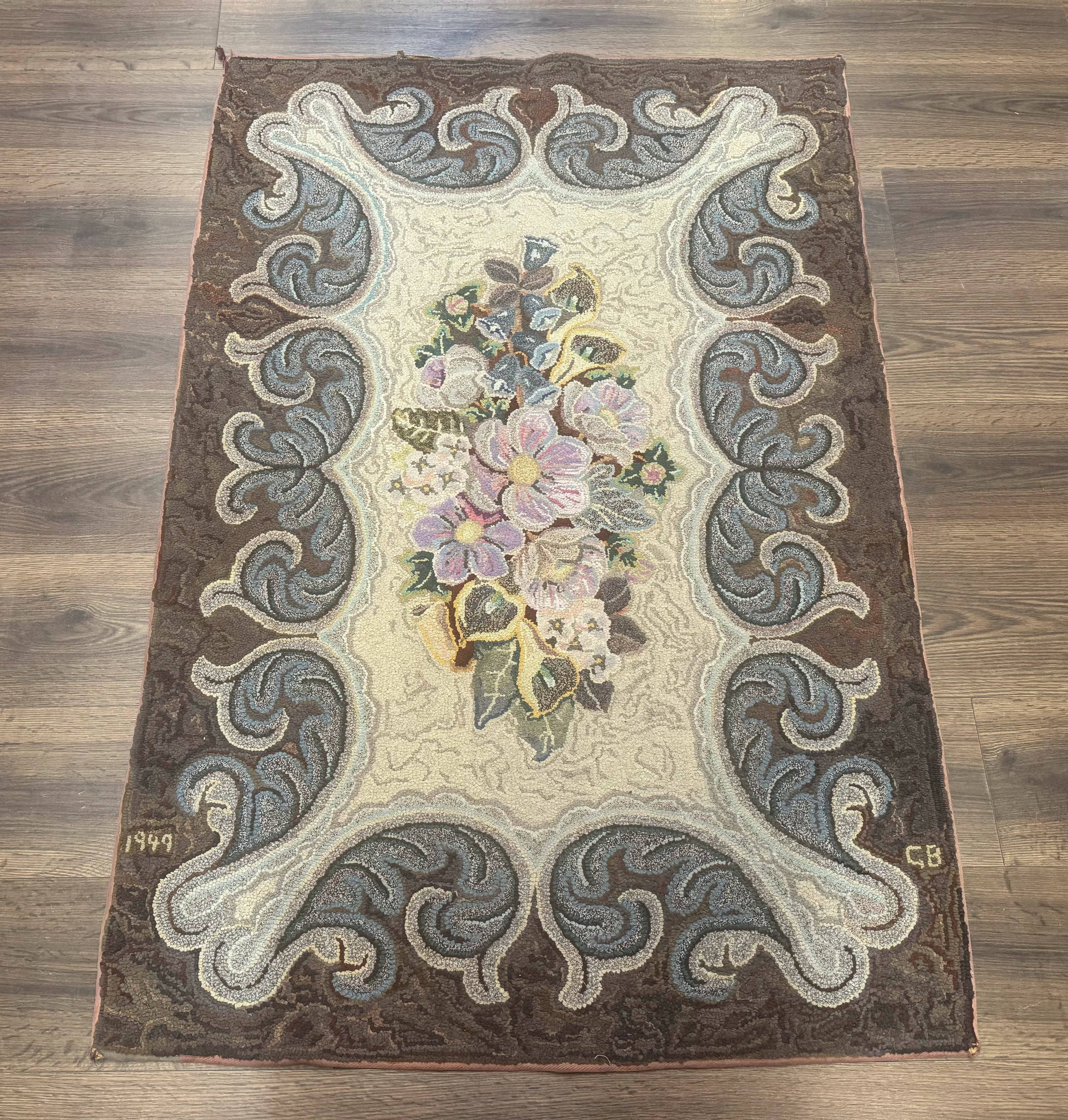Antique American Hooked Rug 3 x 4.6, Vintage, Floral