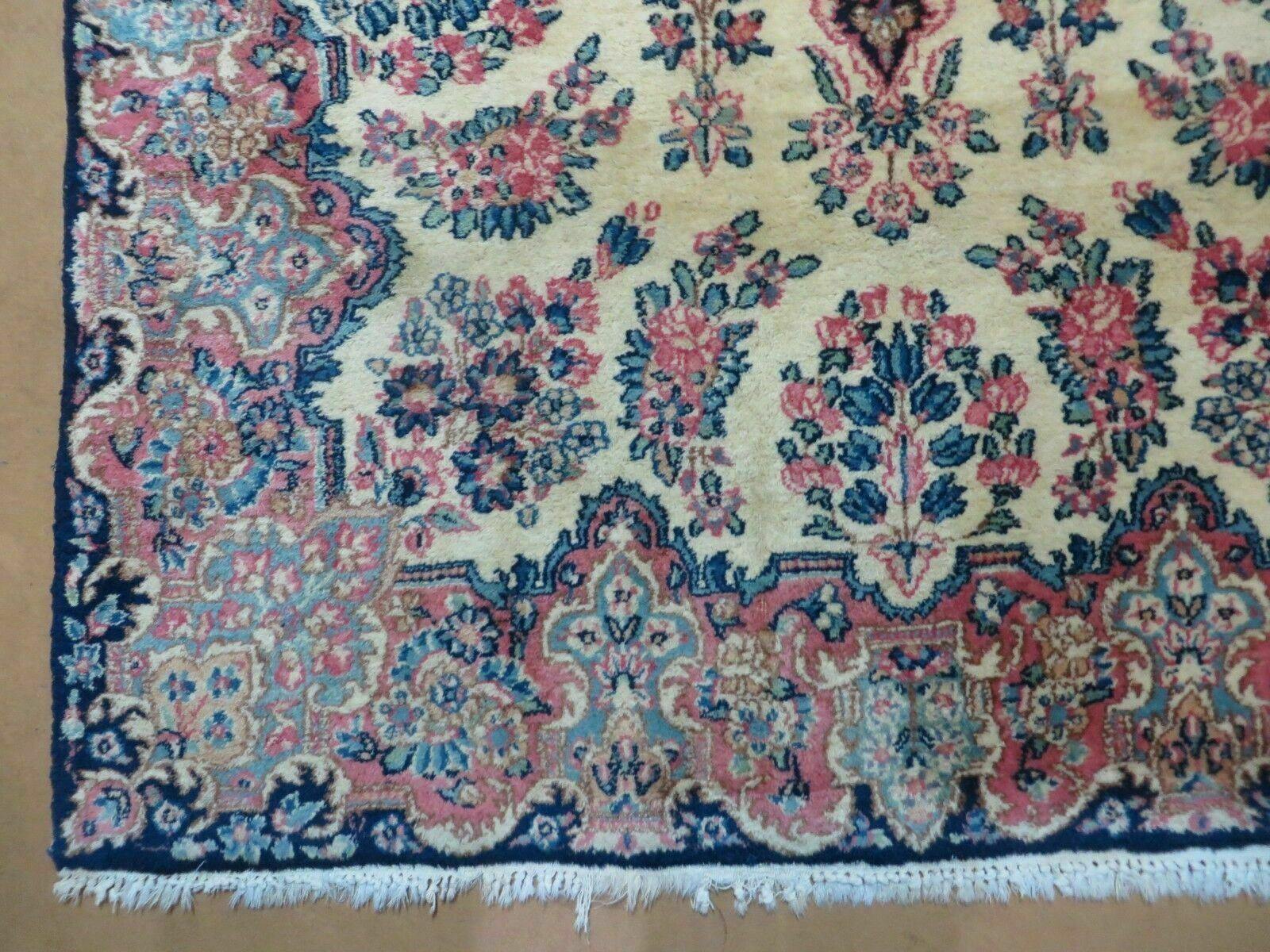 Antique Persian Kirman Rug 3.9 x 6.6, Floral Oriental Carpet, Ivory/Cream - Blue - Pink, Hand Knotted Wool Rug, Floral Medallion Rug 4x6
