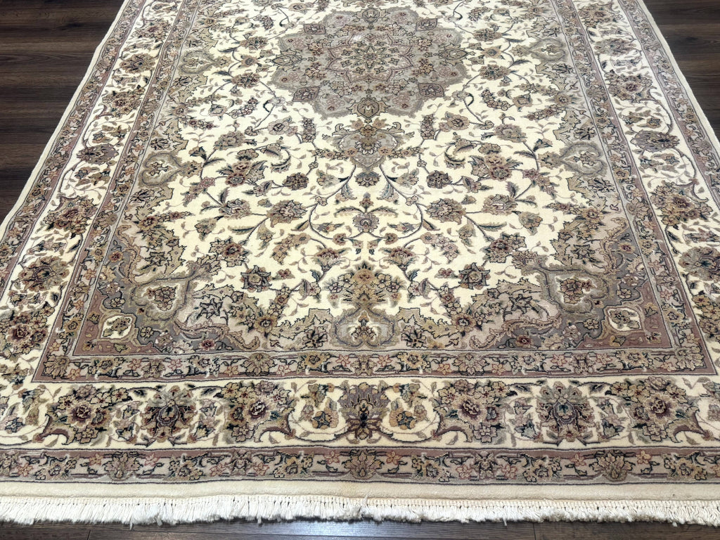 Sino Persian Rug 6x9, Floral Medallion, Ivory & Taupe, Wool with Silk Highlights, Fine 210 KPSI