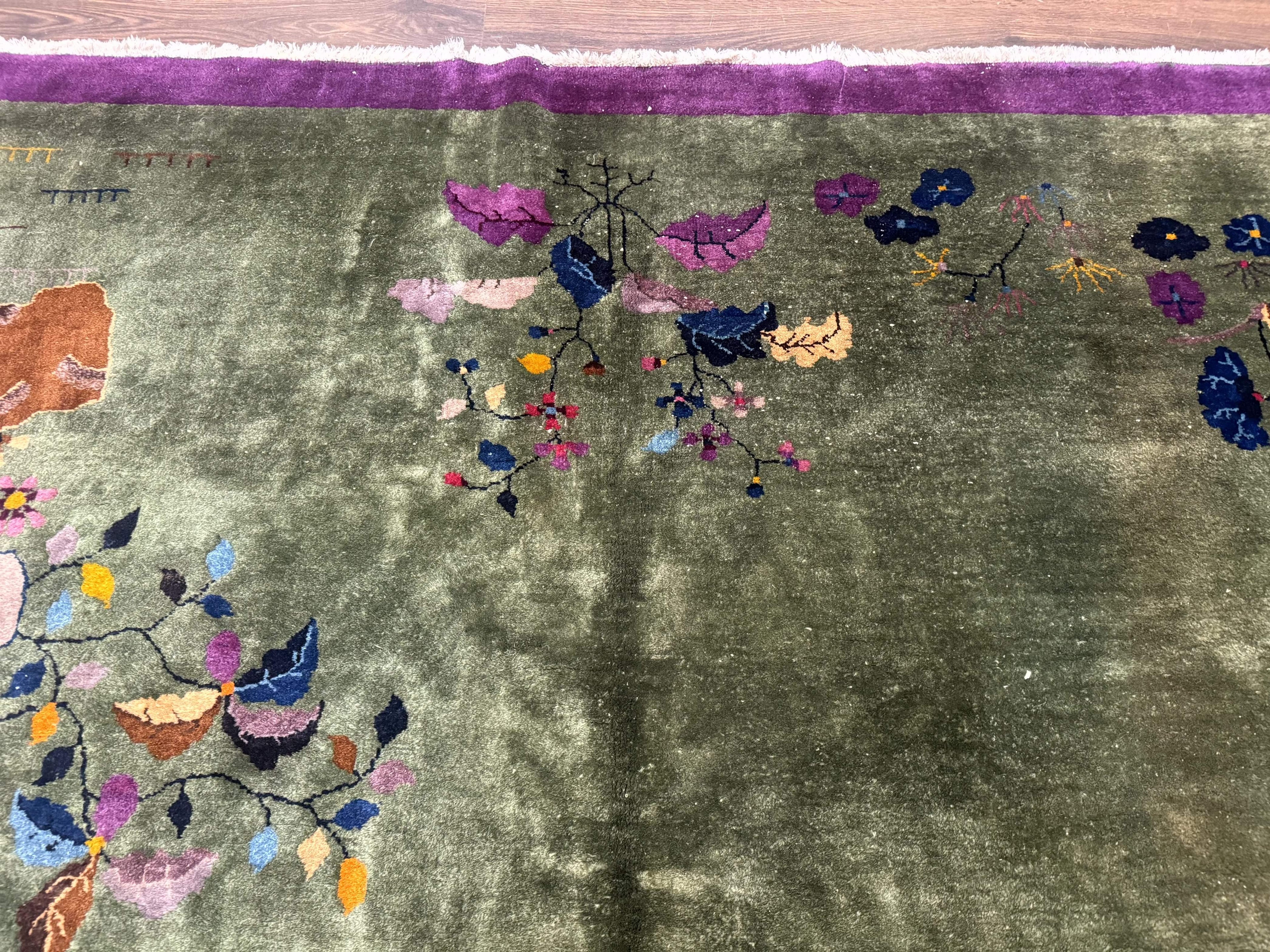 Antique Chinese Nichols Rug 9x12 - Rare Green and Purple Art Deco Carpet