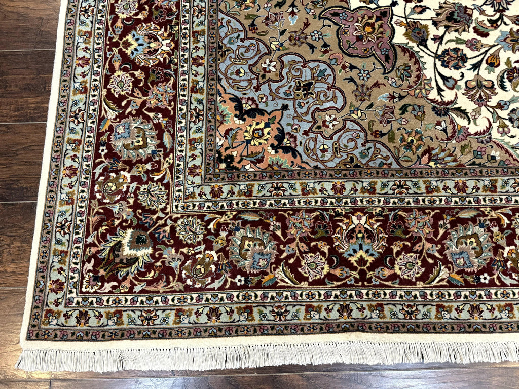 Persian Tabriz Rug 8x11, Floral Medallion Traditional Area Rug, Fine 300 KPSI, Ivory Maroon