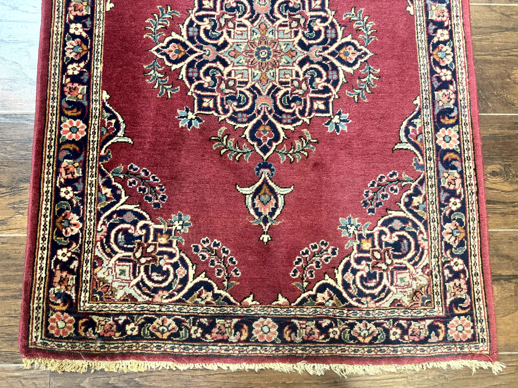 Small Persian Kashan Rug 2x3, Red and Navy Blue, Handmade Vintage Wool Semi Antique Persian Carpet, Semi Open Field, Pair B