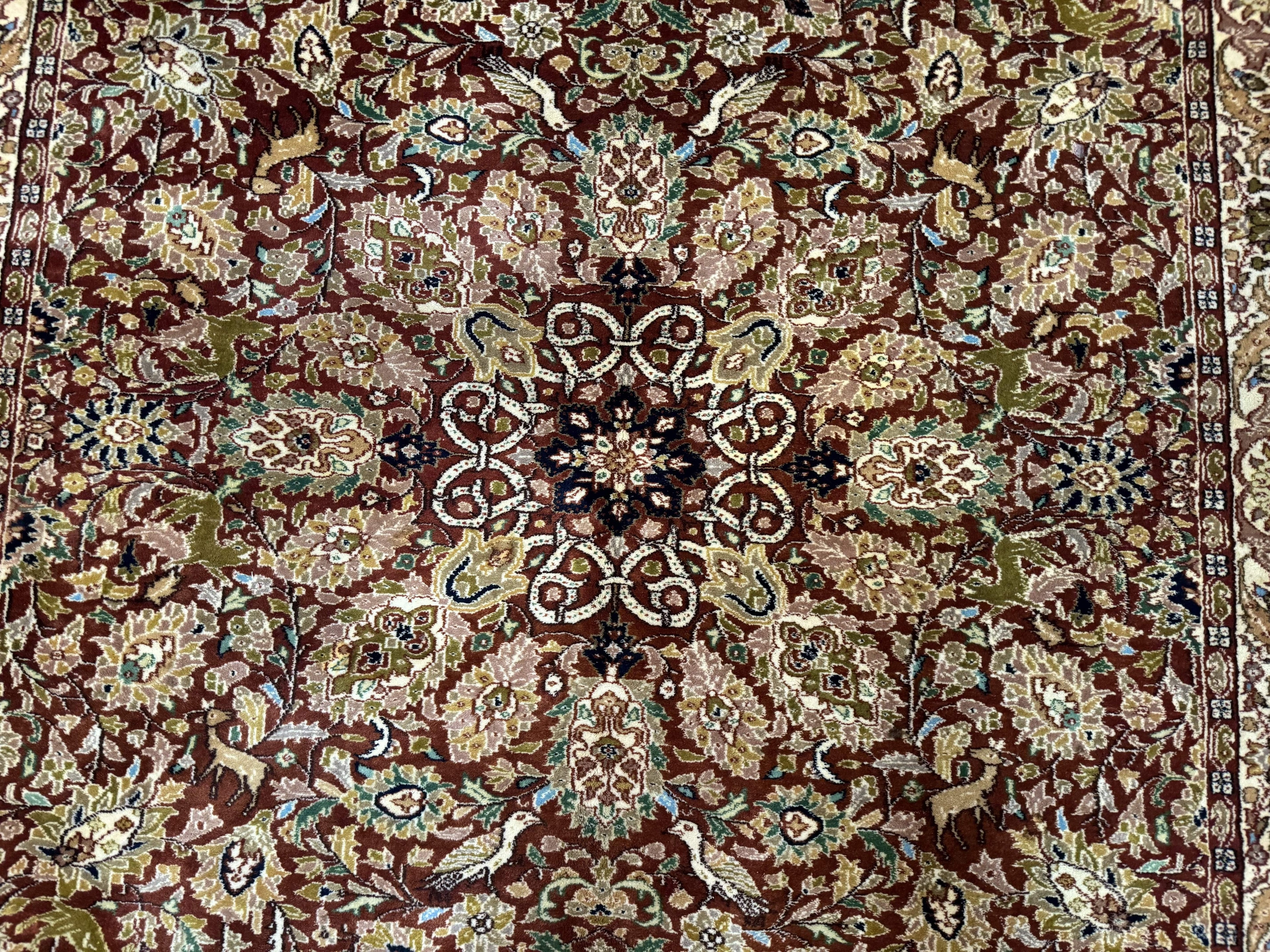 Tree of Life Indian Kashmiri Rug 6x9, Rust Red and Cream, Animal Pictorials, Fine 290 KPSI
