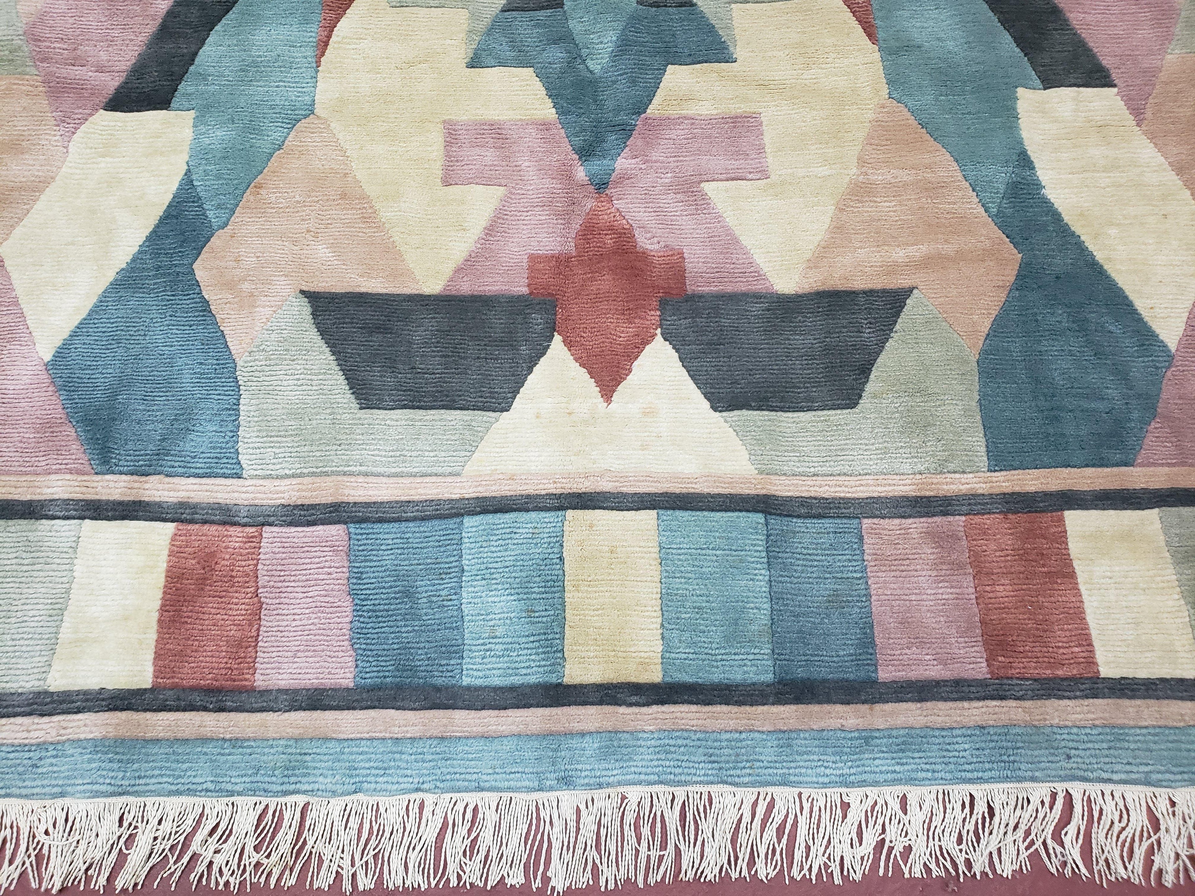 Contemporary Indian Nepalese Area Rug 8x11, Wool Hand-Knotted Modern Multicolor Nepali Abstract Carpet 8 x 11 Soft Playroom Nursery Room Rug