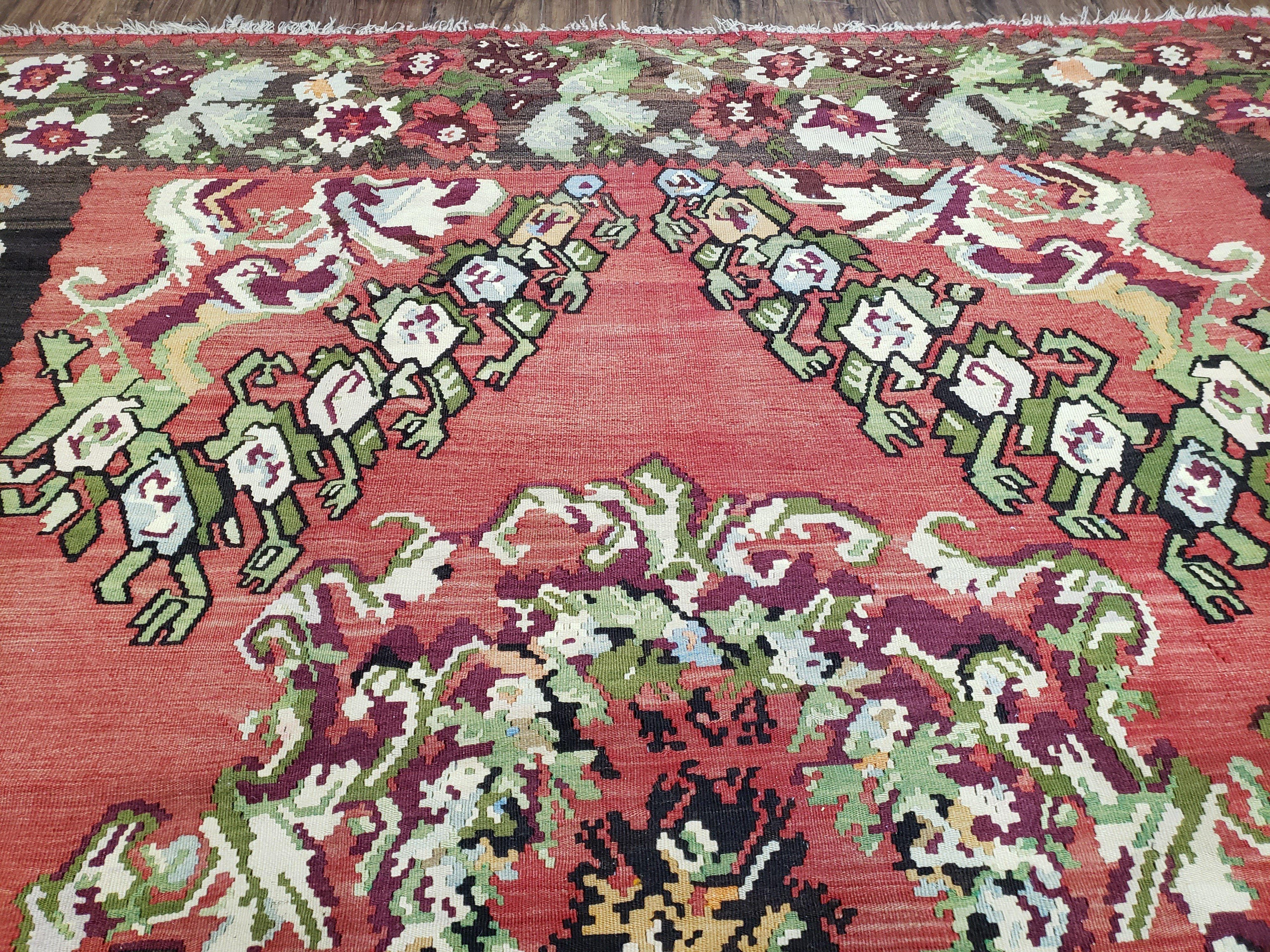 Karabakh Rug 8x11, Caucasian Kilim Rug, Vintage Antique Turkish Anatolian Azerbaijani Carpet, Wool Red & Black Hand-Woven 8 x 11 Living Room