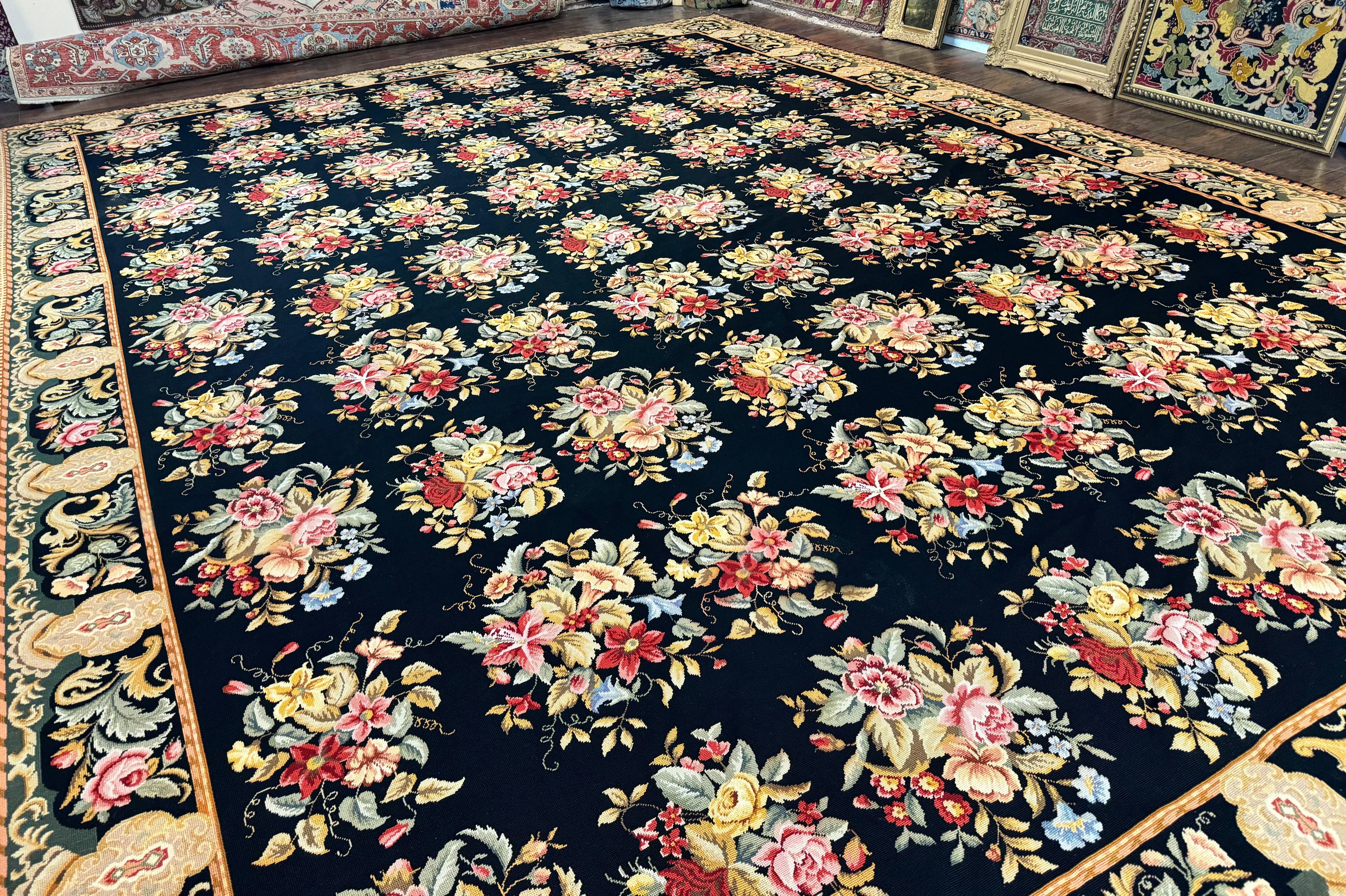 Palace Size Needlepoint Rug 12x16, Black and Colorful, Floral Panel, Handmade Oversized Wool Needlepoint Carpet, Rare