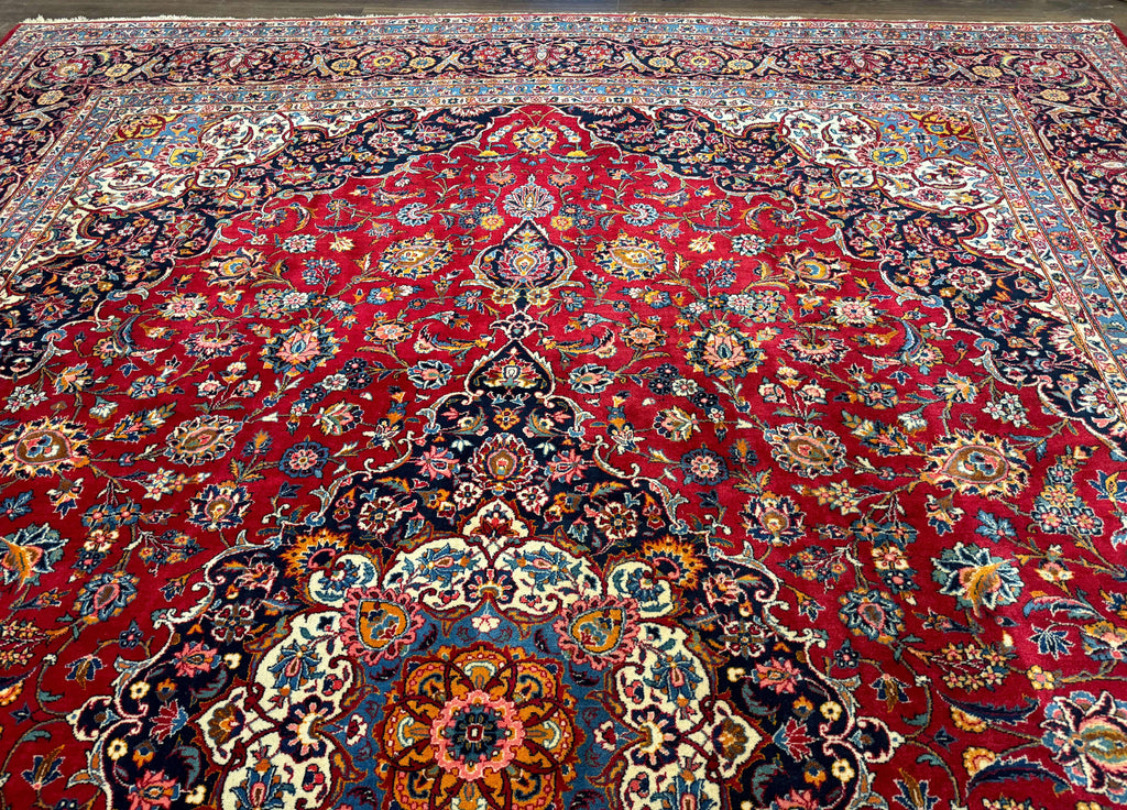 Large Persian Kashan Rug 11x14, Traditional Persian Carpet, Wool, Fine 250 KPSI, Red Navy Blue