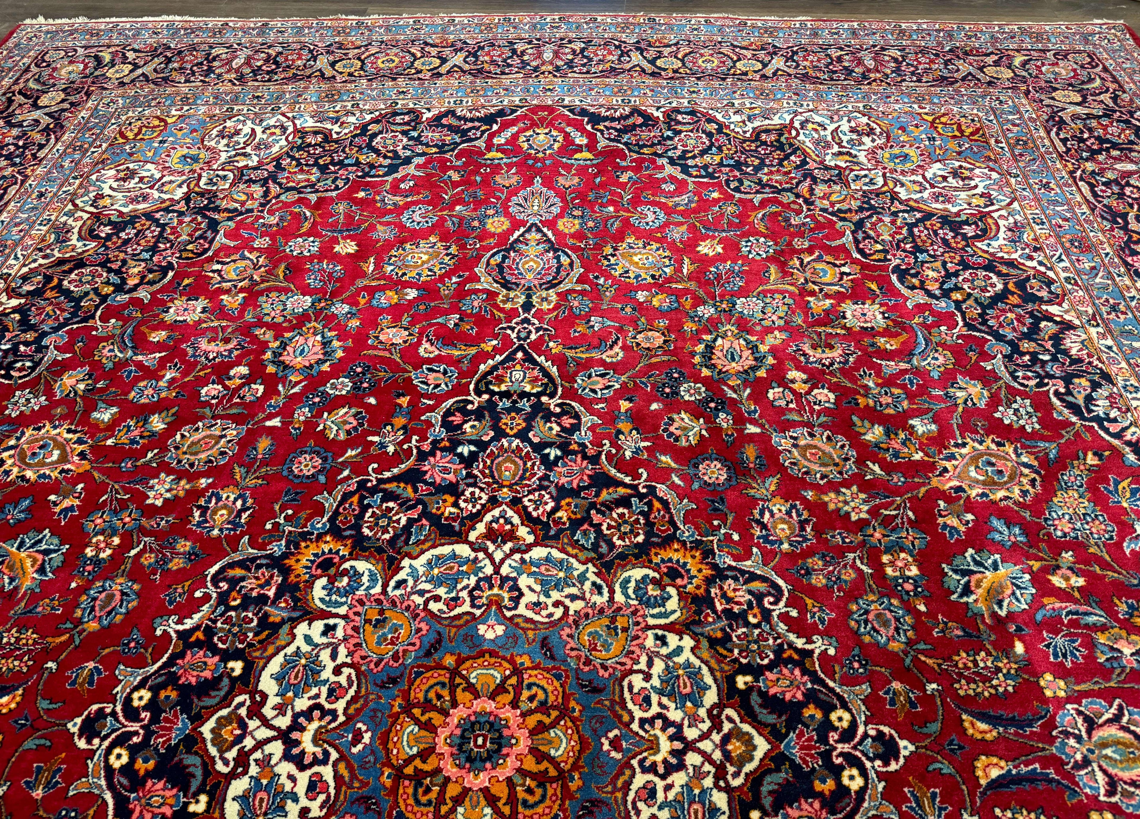 Large Persian Kashan Rug 11x14, Traditional Persian Carpet, Wool, Fine 250 KPSI, Red Navy Blue