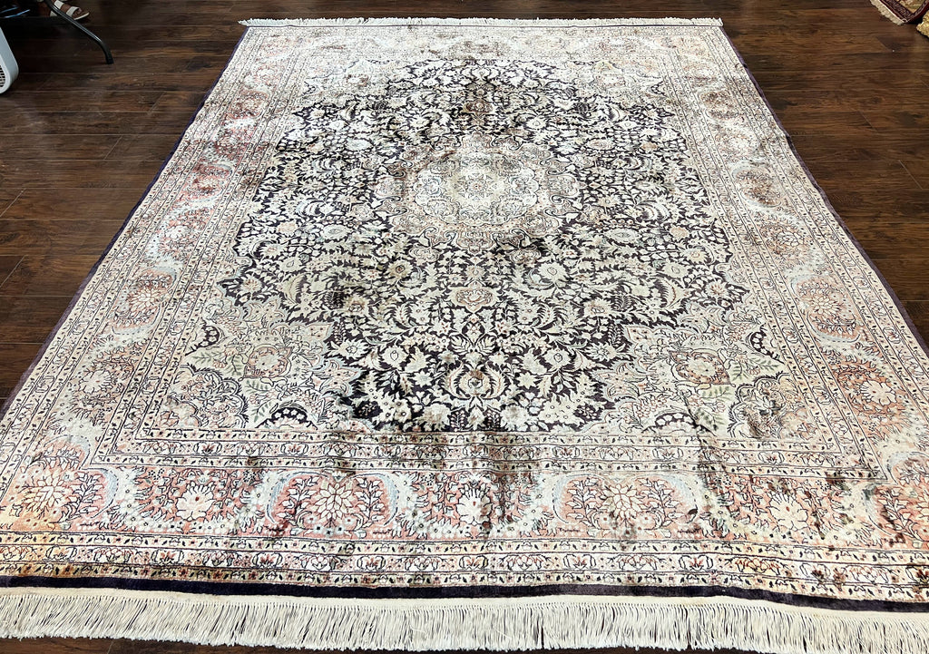 Silk Indian Kashmiri Rug 8x10, Floral Medallion, Indo Persian Carpet, Handmade Vintage Silk Rug