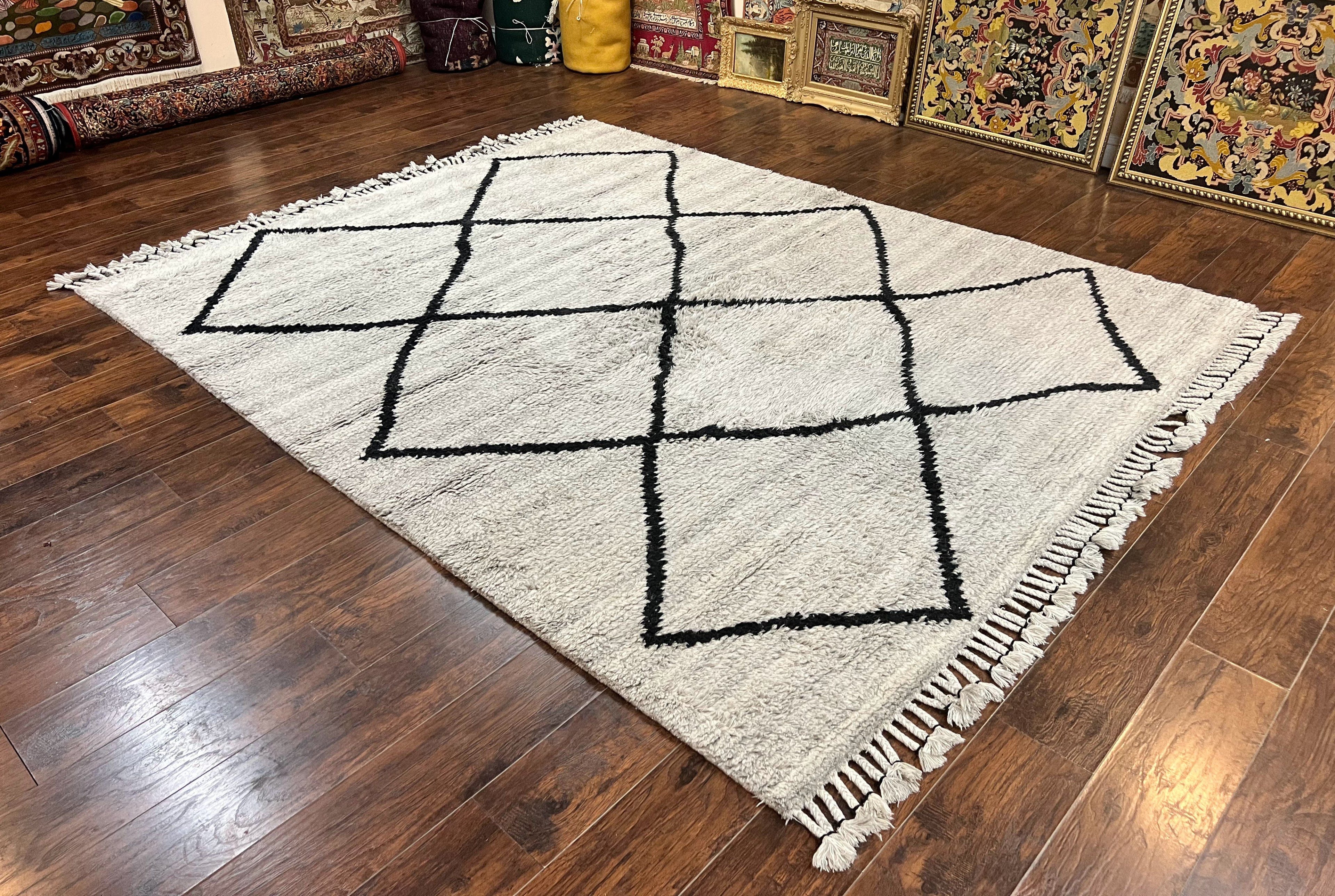 Modern Shag Rug 8x10, Gray and Black, Wool and Cotton, Lulu and Georgia, Handmade Indian Shag Rug
