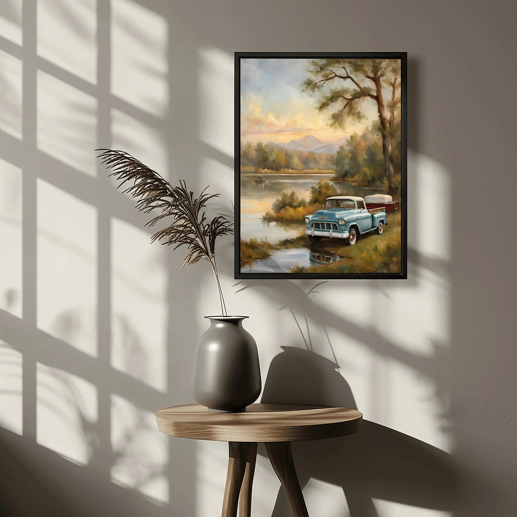 1955 Cameo Carrier Lakeside Retreat Wall Art | Vintage Mountain Lake Print