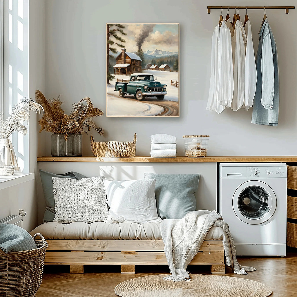 1955 Cameo Carrier Winter Cabin Wall Art | Nostalgic Snowy Pickup Print