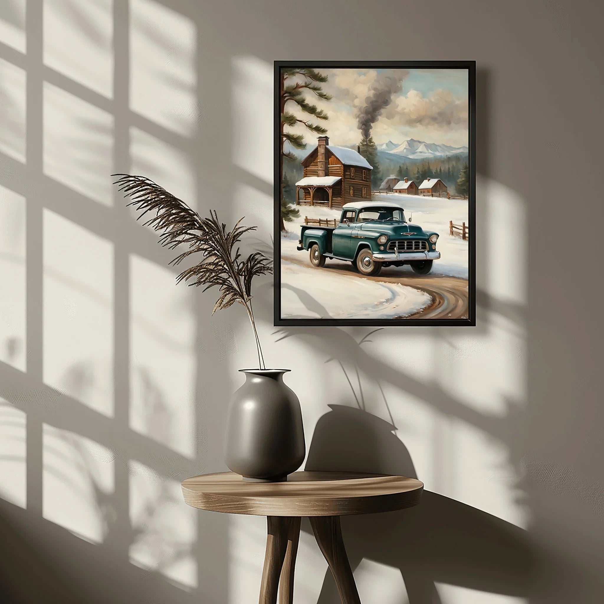1955 Cameo Carrier Winter Cabin Wall Art | Nostalgic Snowy Pickup Print