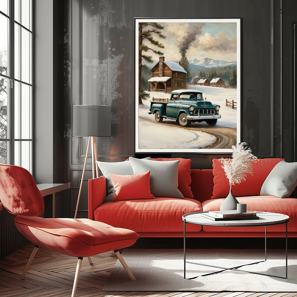 1955 Cameo Carrier Winter Cabin Wall Art | Nostalgic Snowy Pickup Print