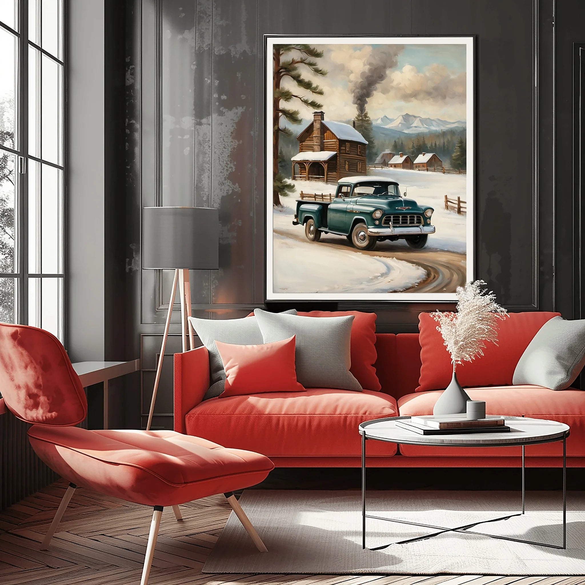 1955 Cameo Carrier Winter Cabin Wall Art | Nostalgic Snowy Pickup Print