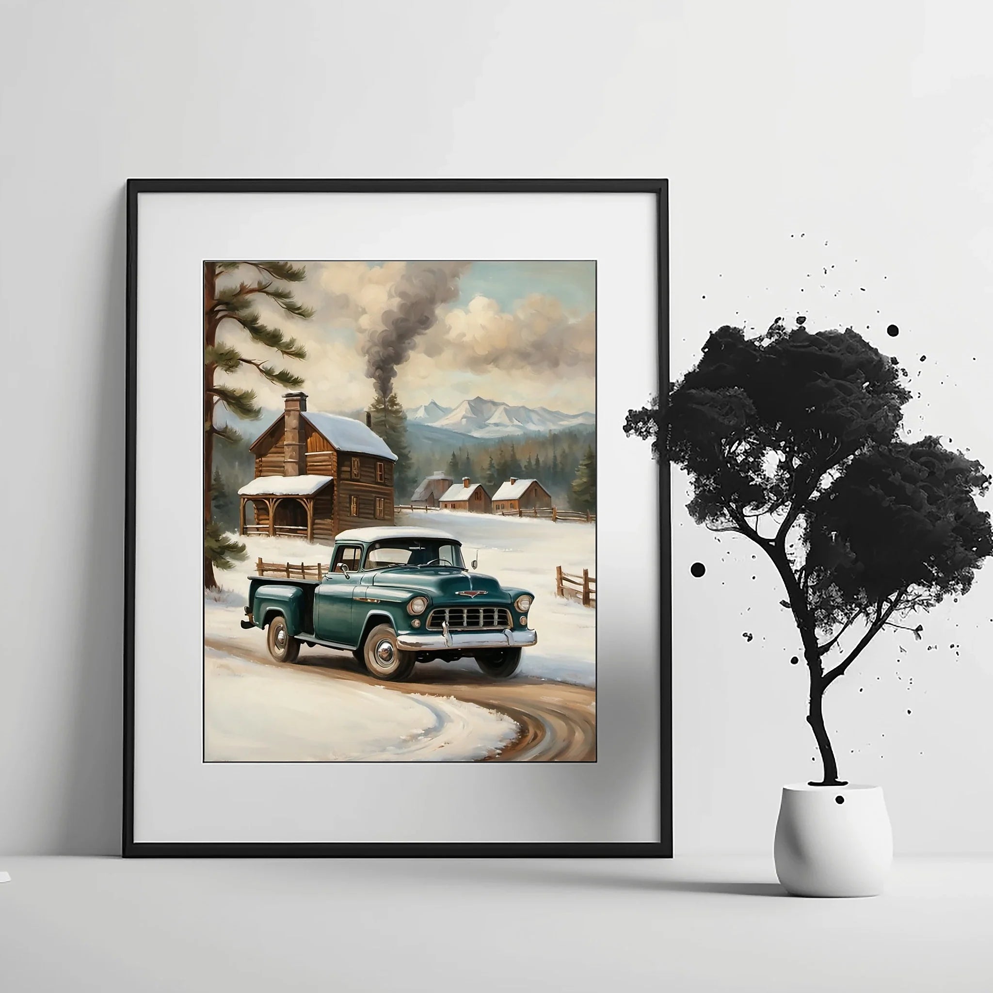 1955 Cameo Carrier Winter Cabin Wall Art | Nostalgic Snowy Pickup Print