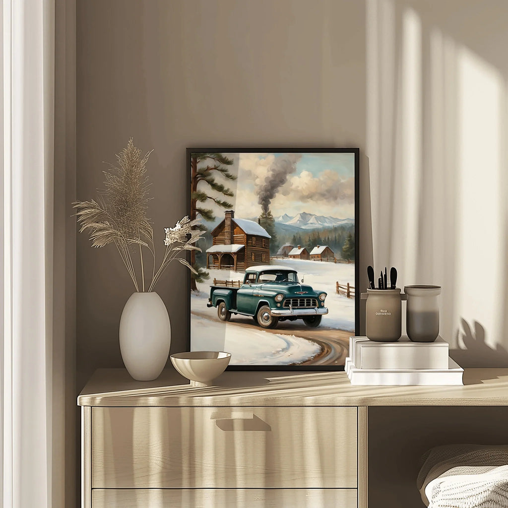 1955 Cameo Carrier Winter Cabin Wall Art | Nostalgic Snowy Pickup Print