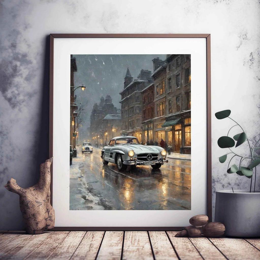 1955 German Gullwing Icon Snowy Village Wall Art | Nostalgic Winter Supercar Print