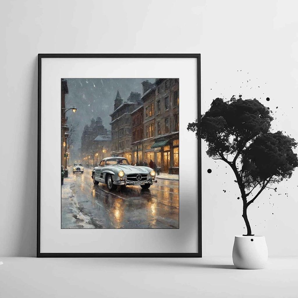 1955 German Gullwing Icon Snowy Village Wall Art | Nostalgic Winter Supercar Print