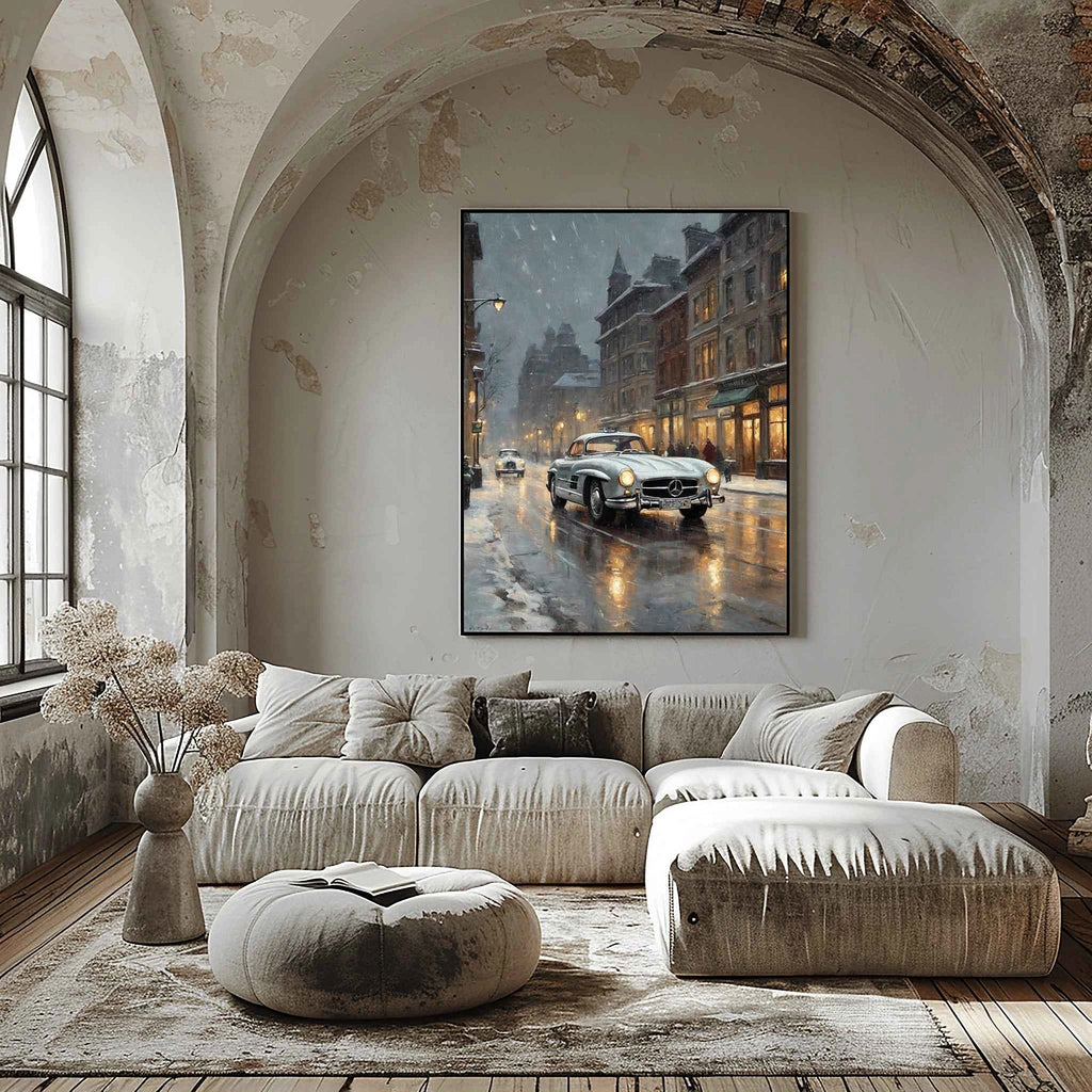 1955 German Gullwing Icon Snowy Village Wall Art | Nostalgic Winter Supercar Print