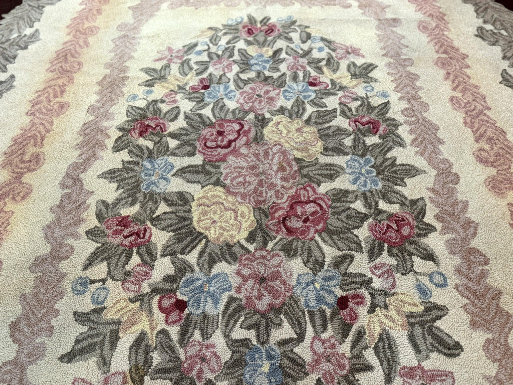 American Hand Hooked Rug 9x12, Vintage Aubusson Carpet, Wool