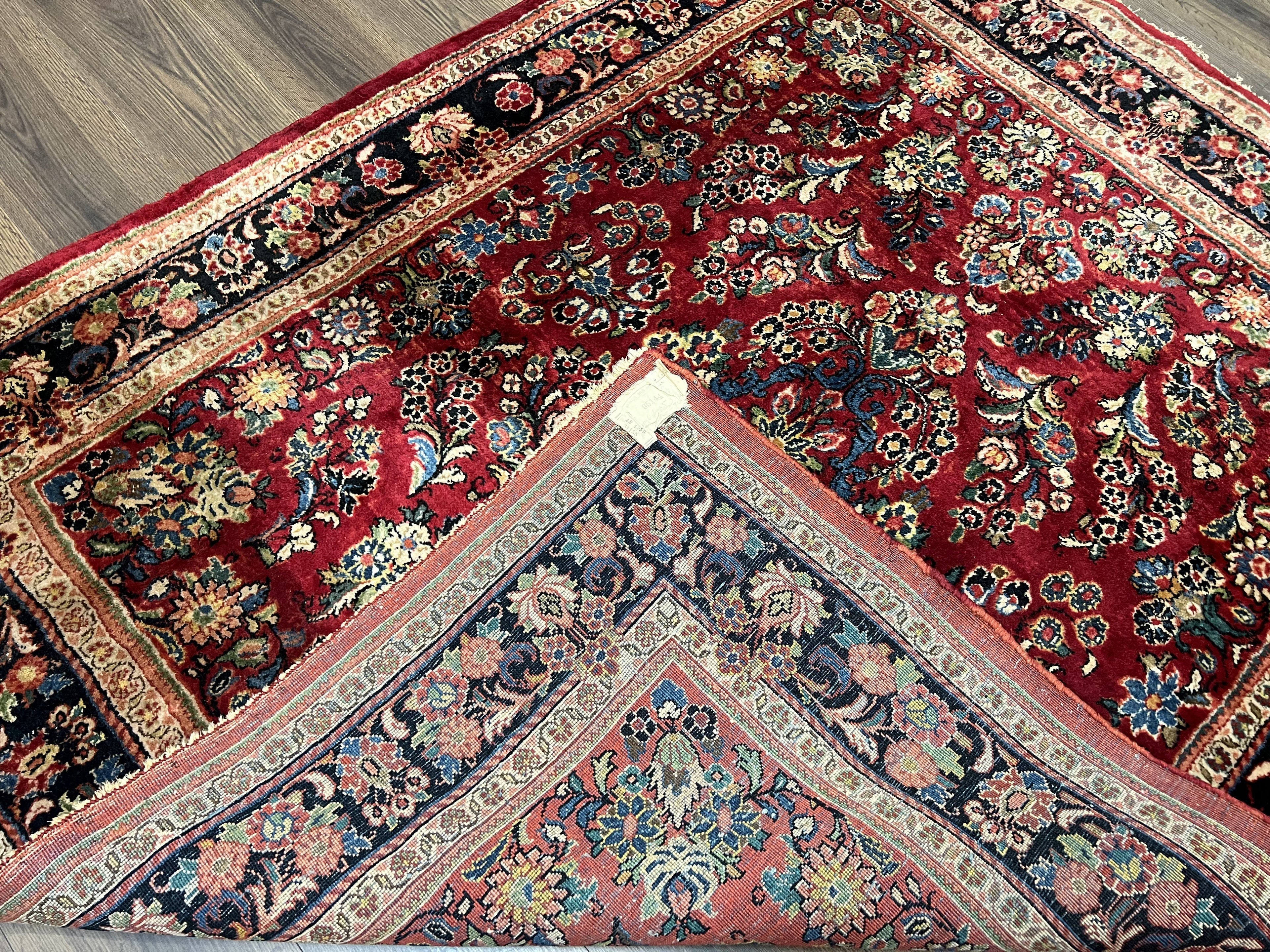 Persian Sarouk Rug 5x6, Hand Knotted Antique 1920s Sarouk, Red Navy Blue
