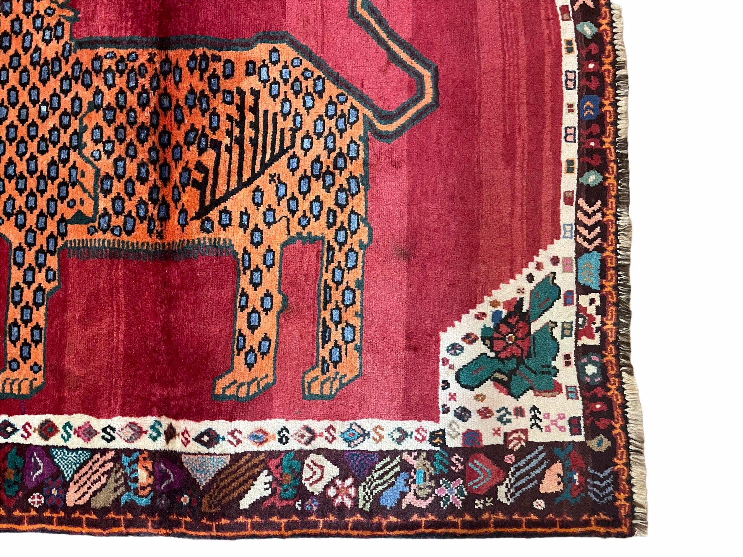 Antique Persian Gabbeh Wool Rug 4x5, Lion Pictorial Rug, Red Orange Black, Hand Knotted Handmade Vintage Gabbeh Carpet 4 x 5 ft, Tribal Rug