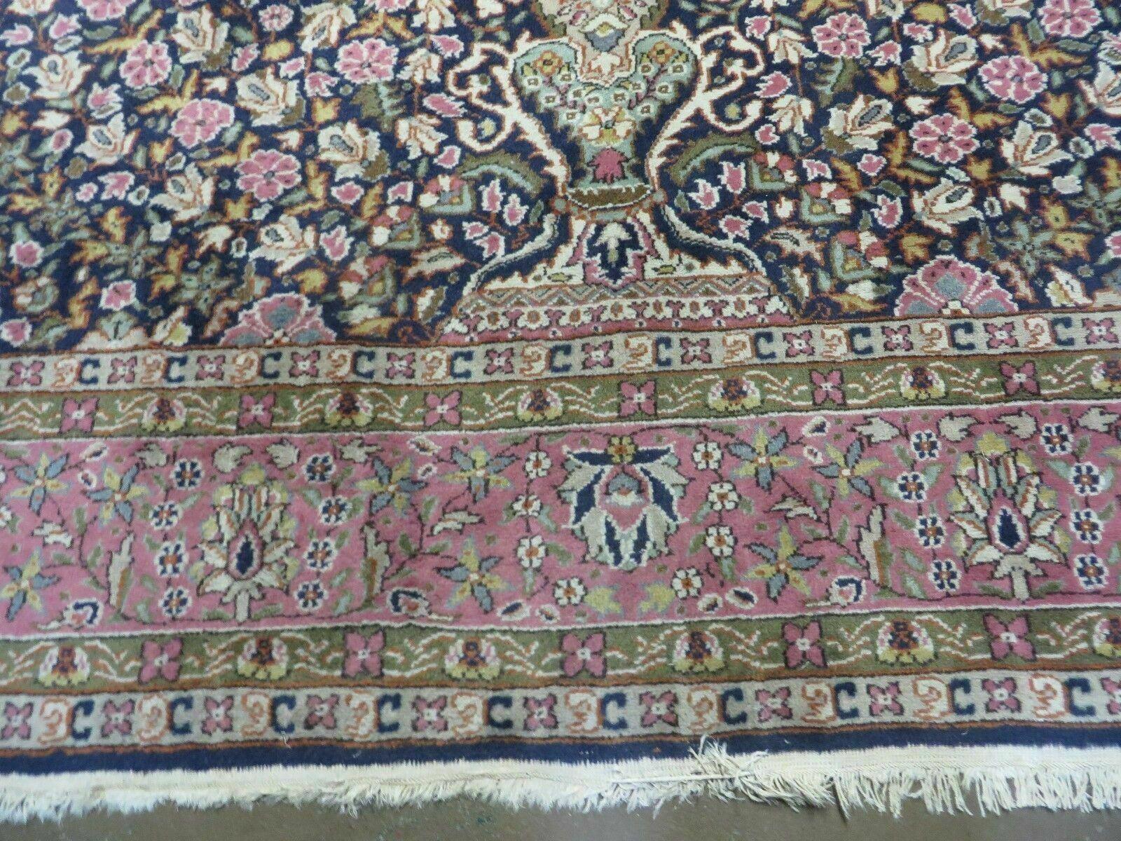 Turkish Sivas Rug 7x11, Navy Blue & Pink, Millifluer Floral Wool Carpet, Vintage
